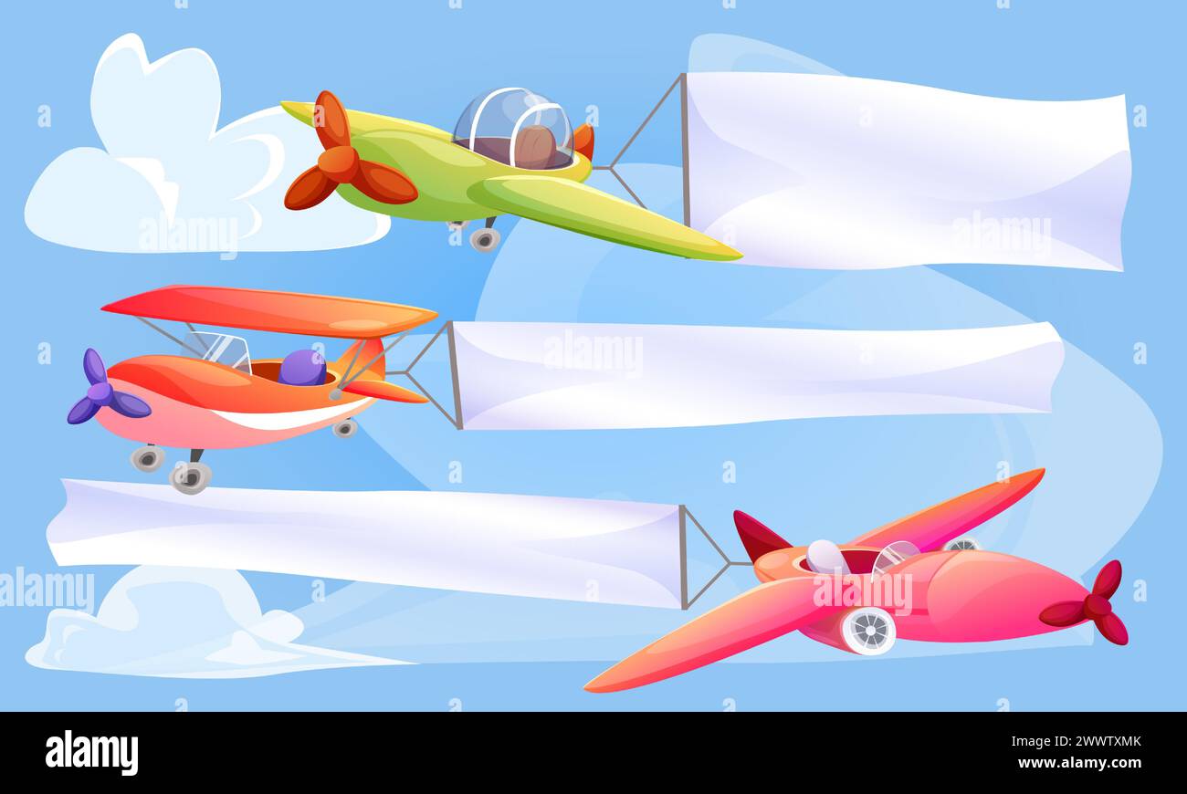 Plane with white empty banner for text on blue sky background with clouds. Cartoon vector set of cute childish aircraft and biplane with propeller pulling blank ribbon or flag for message sign. Stock Vector