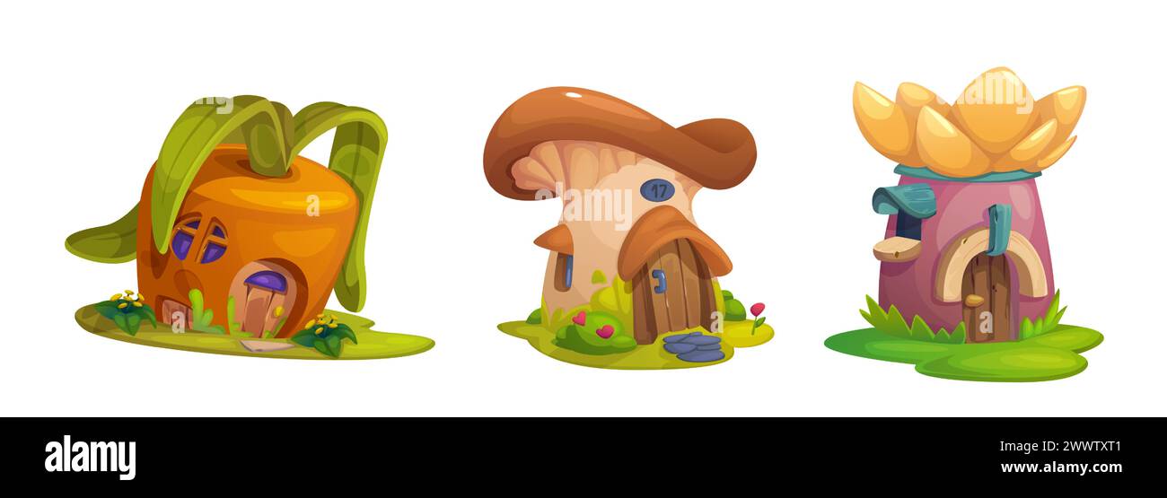 Mushroom house for cute fantasy fairy tale cartoon. Fairytale gnome, dwarf and elf home set. Funny cottage with garden, window, door and roof. Isolated miniature little magic hut for story landscape Stock Vector