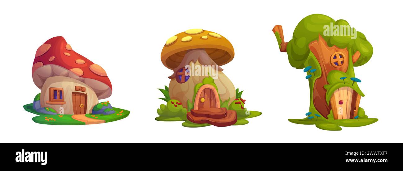Cute fairy tale mushroom gnome or elf house vector set. Fantasy fairytale forest building for magic dwarf or hobbit with window, fungus roof and porch. Isolated vegetable village cottage illustration Stock Vector