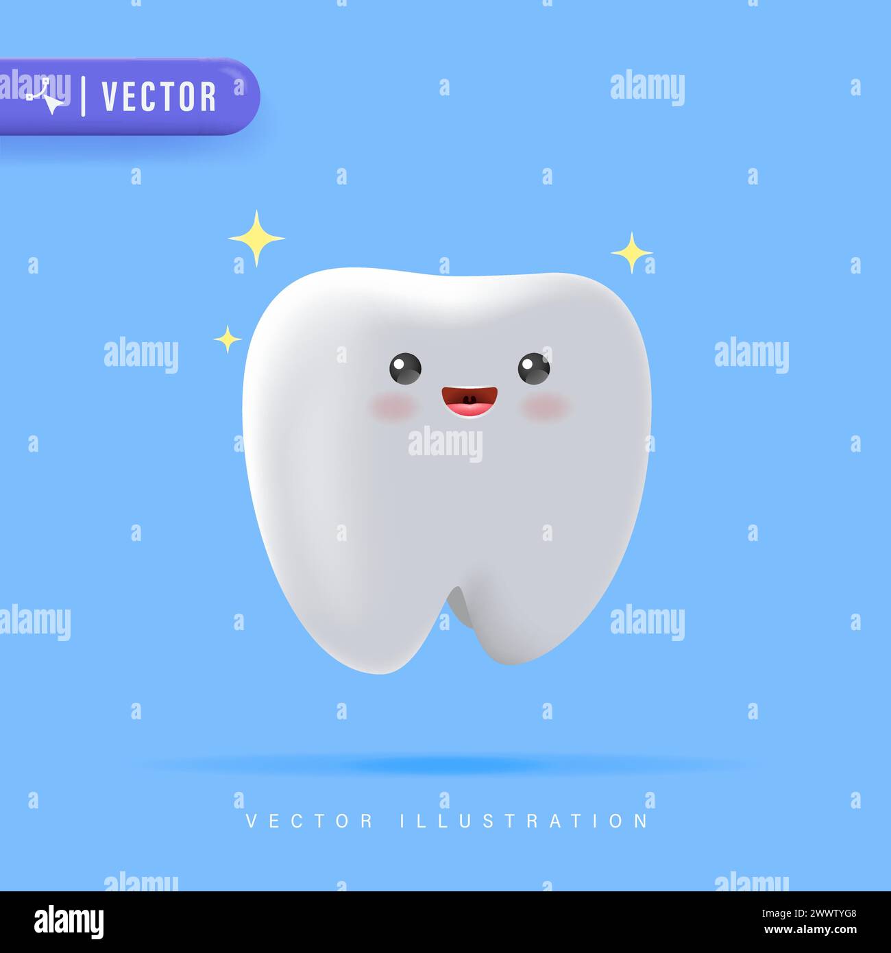 3D realistic happy tooth vector illustration. Cartoon dental character. Cute dentist mascot. Oral health and dental inspection teeth. Medical dentist Stock Vector