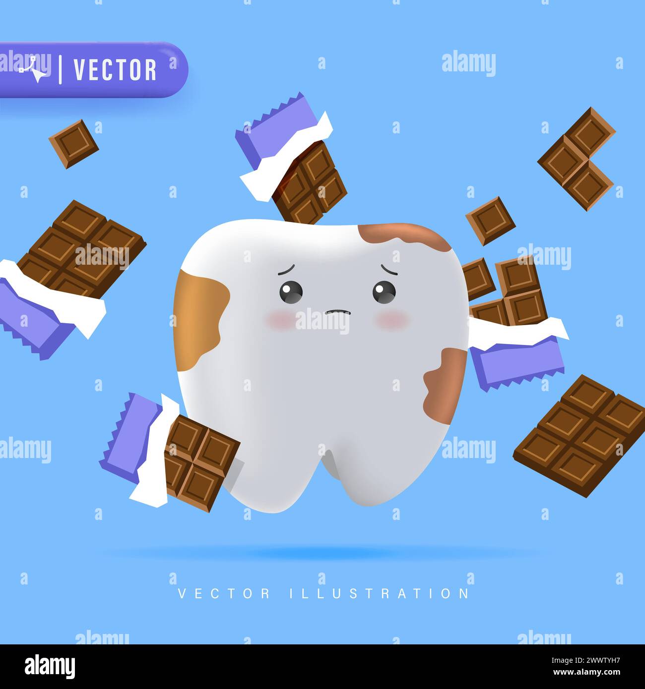 Tooth Decay Vector Illustration for Children Dental Clinic Poster Template Design. Cracked or Broken Teeth Illustration. Dental Plague Character. Dent Stock Vector