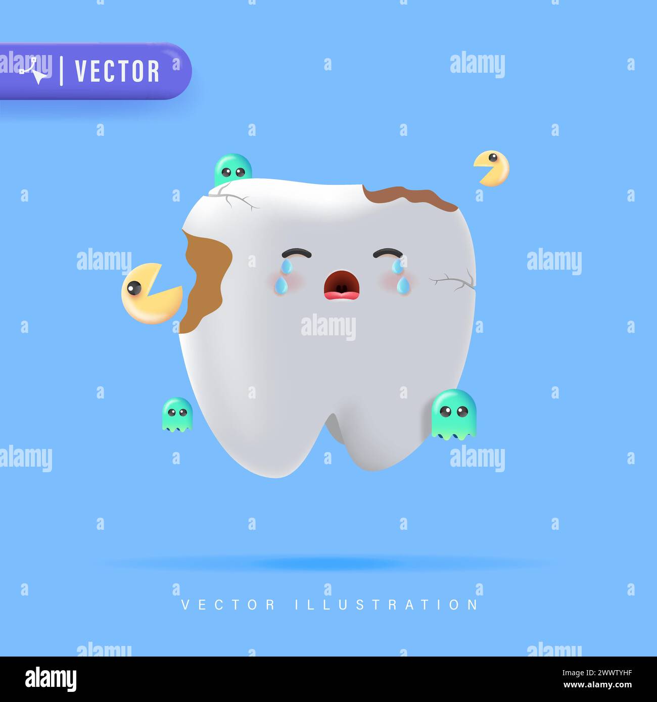 Tooth Character Cries Because of Germs. Tooth Decay Vector Illustration for Children Dental Clinic Poster Template Design. Cracked or Broken Teeth Ill Stock Vector