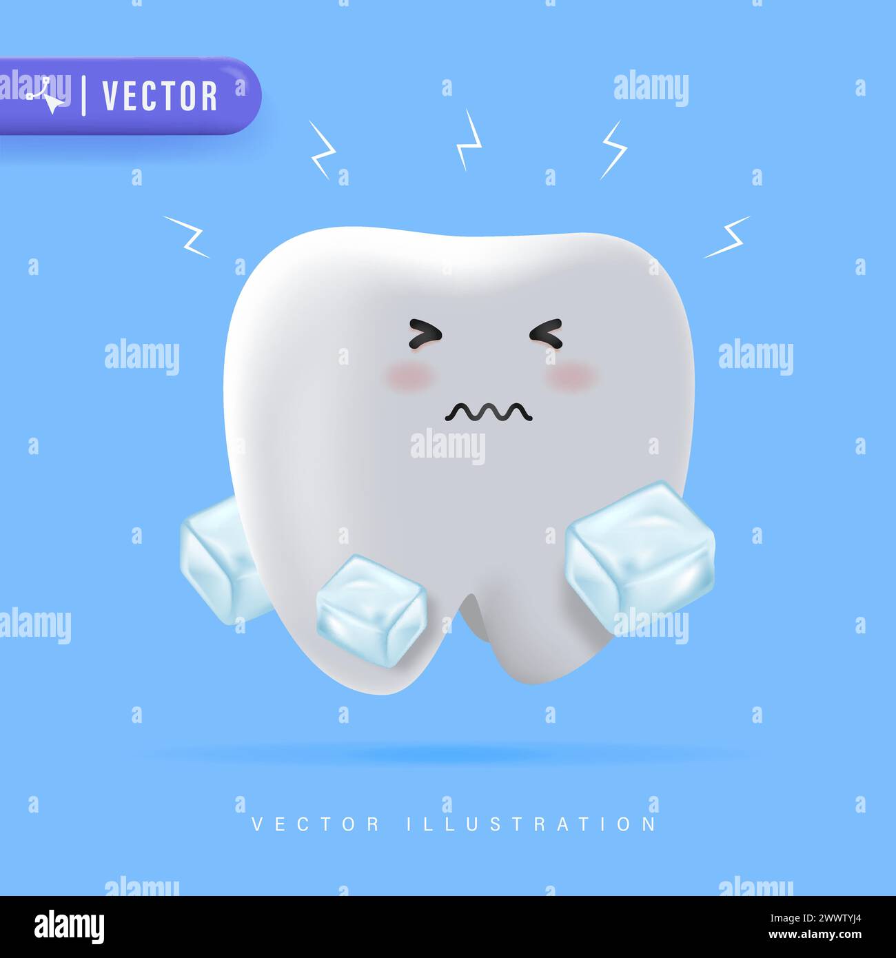 3D Realistic Sensitive Teeth Cartoon Character with Ice Cube Vector Illustration.  Dental Care Concept. Stock Vector