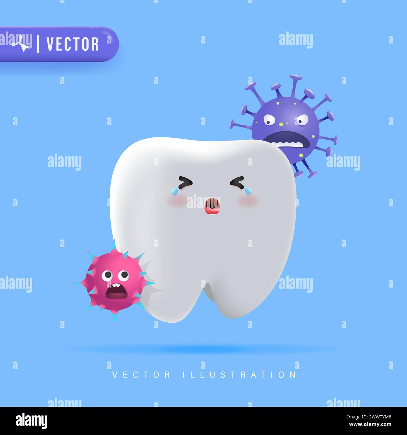 Tooth Character Cries Because of Germs. Tooth Decay Vector Illustration for Children Dental Clinic Poster Template Design. Cracked or Broken Teeth Ill Stock Vector