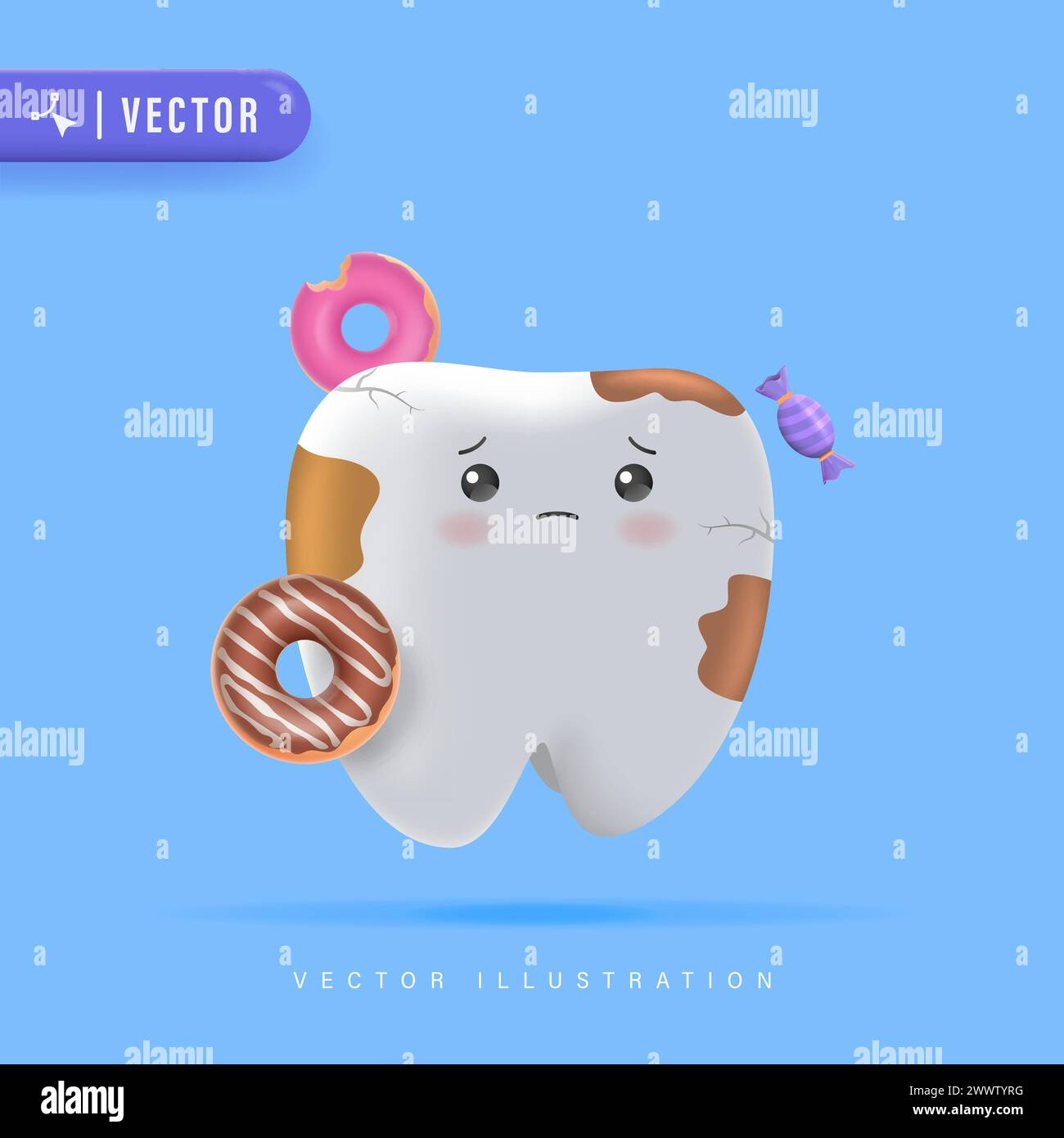 Tooth Decay Vector Illustration for Children Dental Clinic Poster Template Design. Cracked or Broken Teeth Illustration. Dental Plague Character Stock Vector