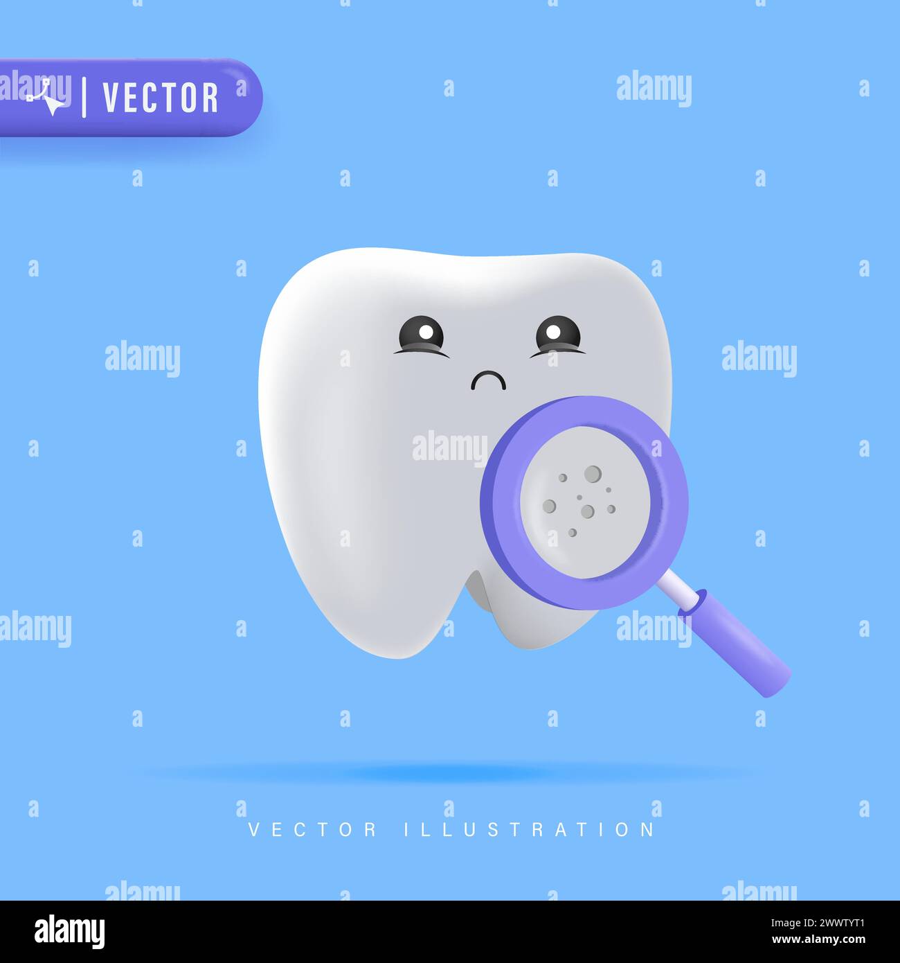 Happy Healthy Tooth Character with Magnifying Glass Vector Illustration. Clean and White Tooth Cartoon. Dentistry Clean White Tooth and Dentistry Inst Stock Vector