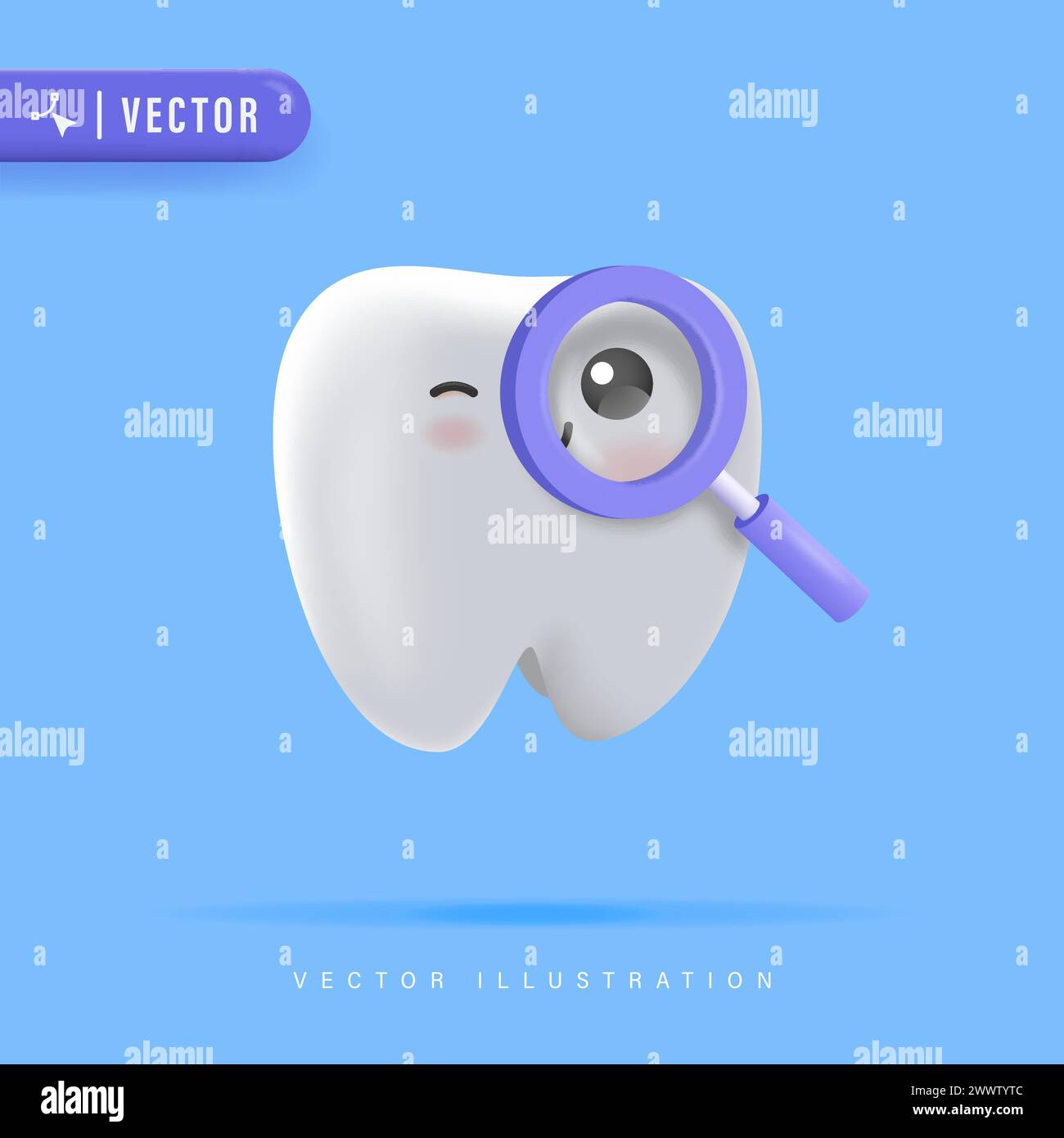 Happy Healthy Tooth Character with Magnifying Glass Vector Illustration. Clean and White Tooth Cartoon. Dentistry Clean White Tooth and Dentistry Inst Stock Vector