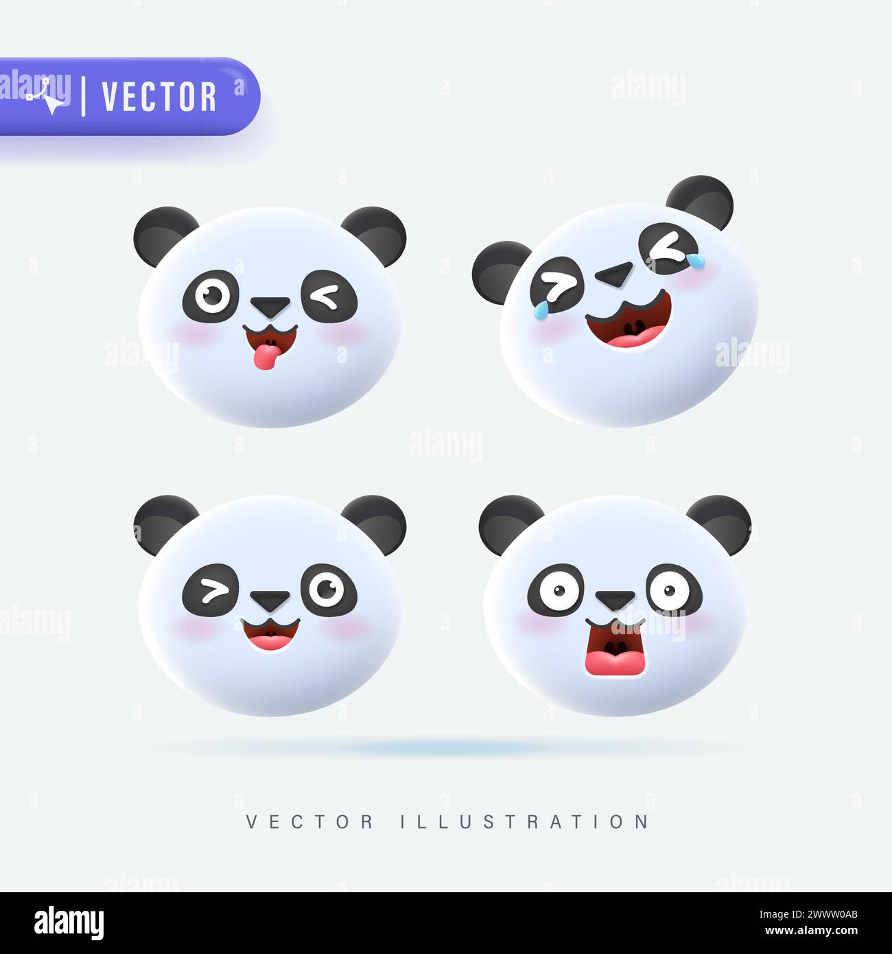 3D Realistic Vector Set Of Cute Cartoon Little Panda Icons with Various Facial Expression Isolated in White Background. Simple and Minimal Panda Cub F Stock Vector