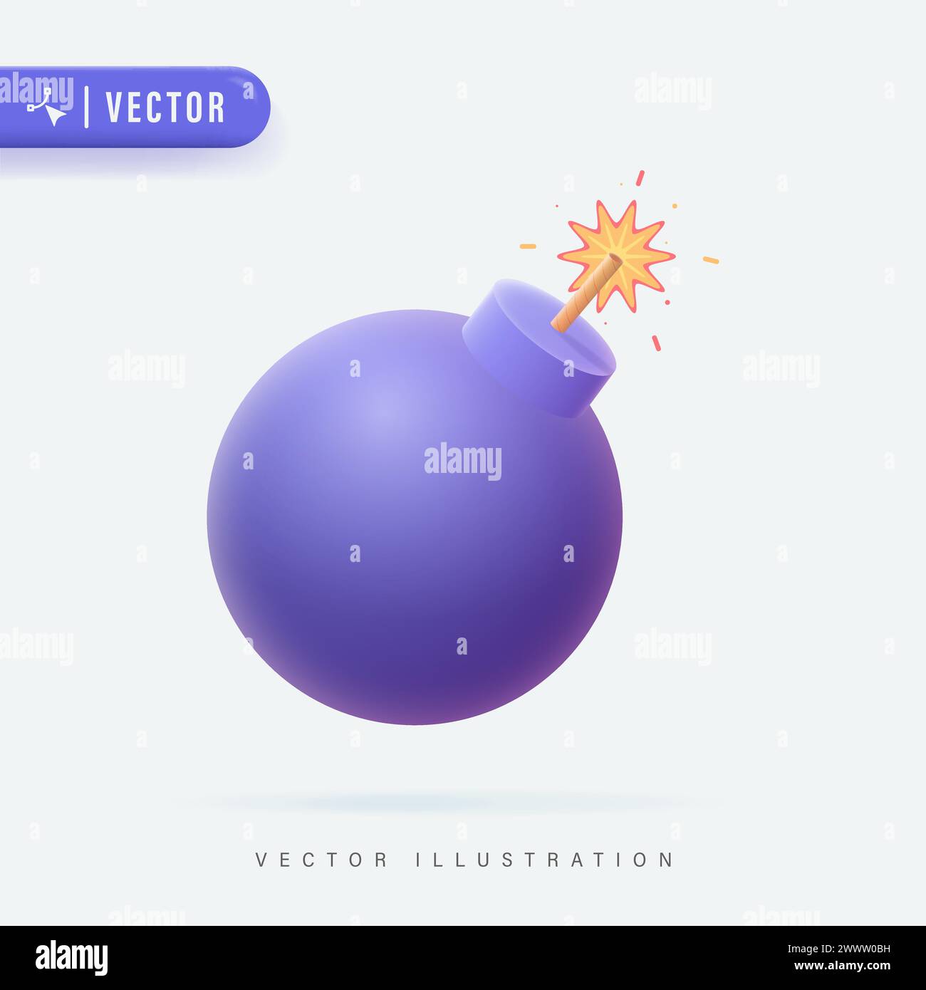 3D Realistic Bomb Vector Illustration. Burning fuse purple bomb in realistic style. bomb with burning wick on a white background Stock Vector