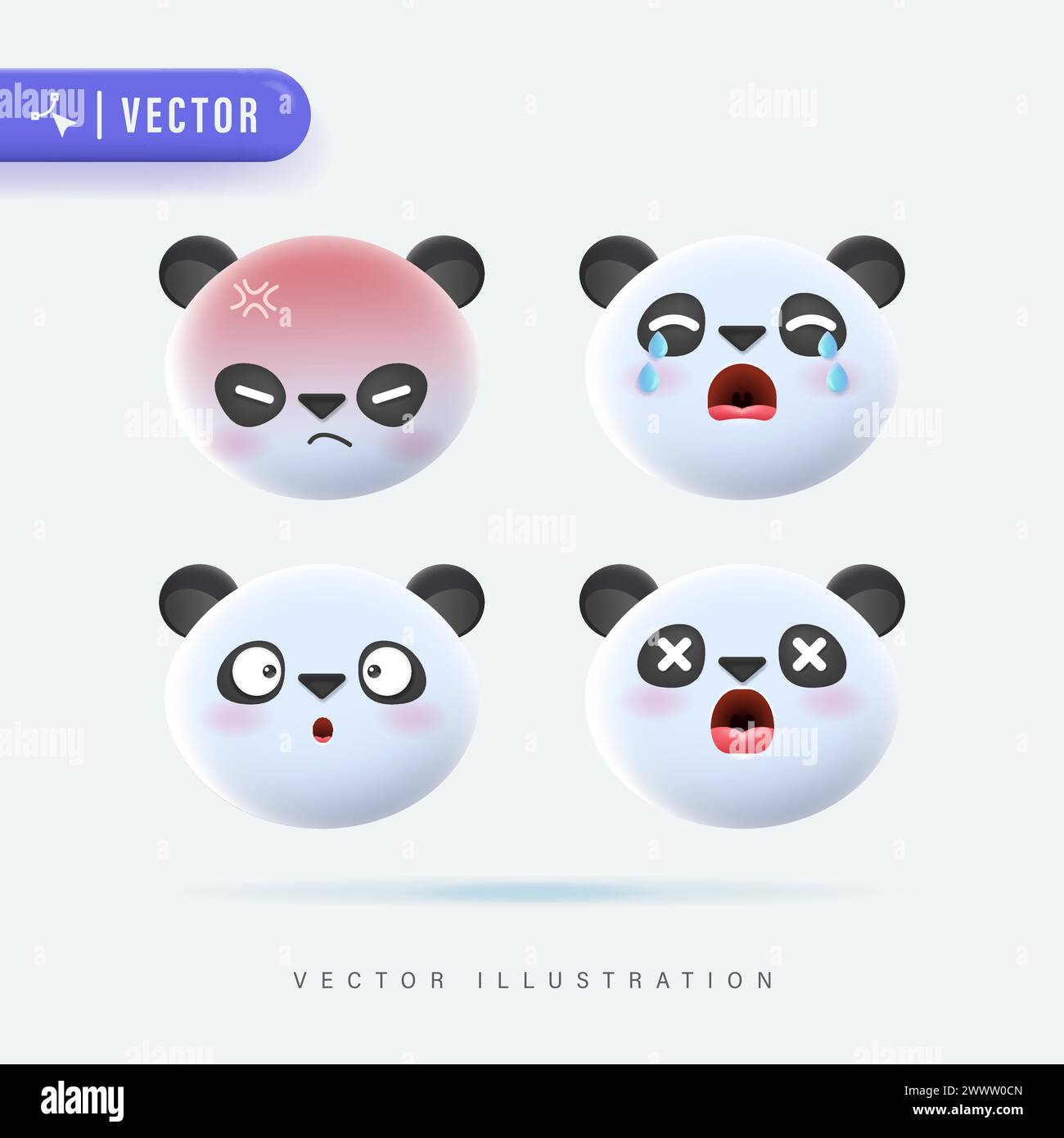 3D Realistic Vector Set Of Cute Cartoon Little Panda Icons with Various Facial Expression Isolated in White Background. Simple and Minimal Panda Cub F Stock Vector