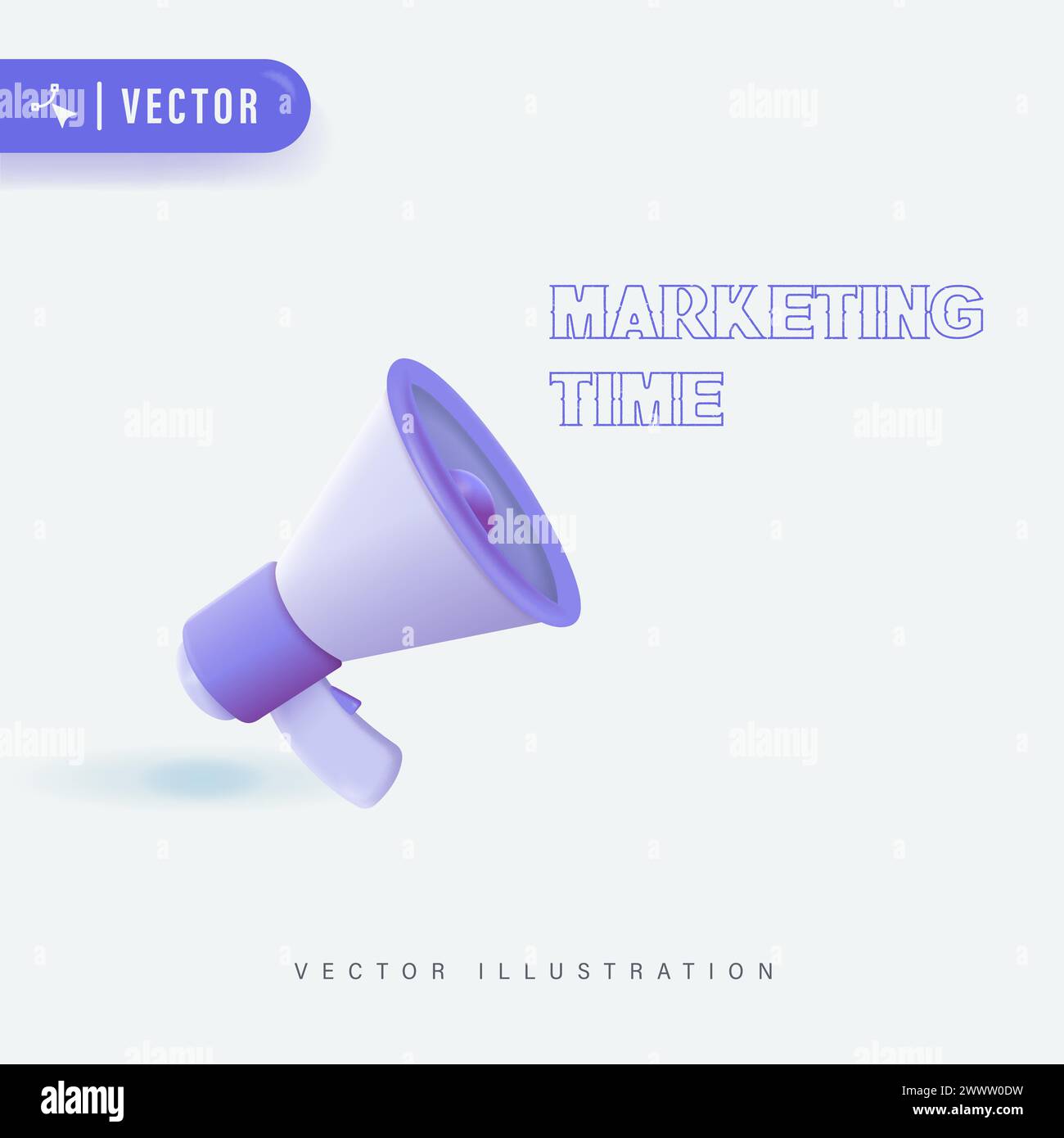 Marketing Time Concept with Purple Megaphone Vector Illustration. Loudspeaker for Digital Marketing Design Stock Vector