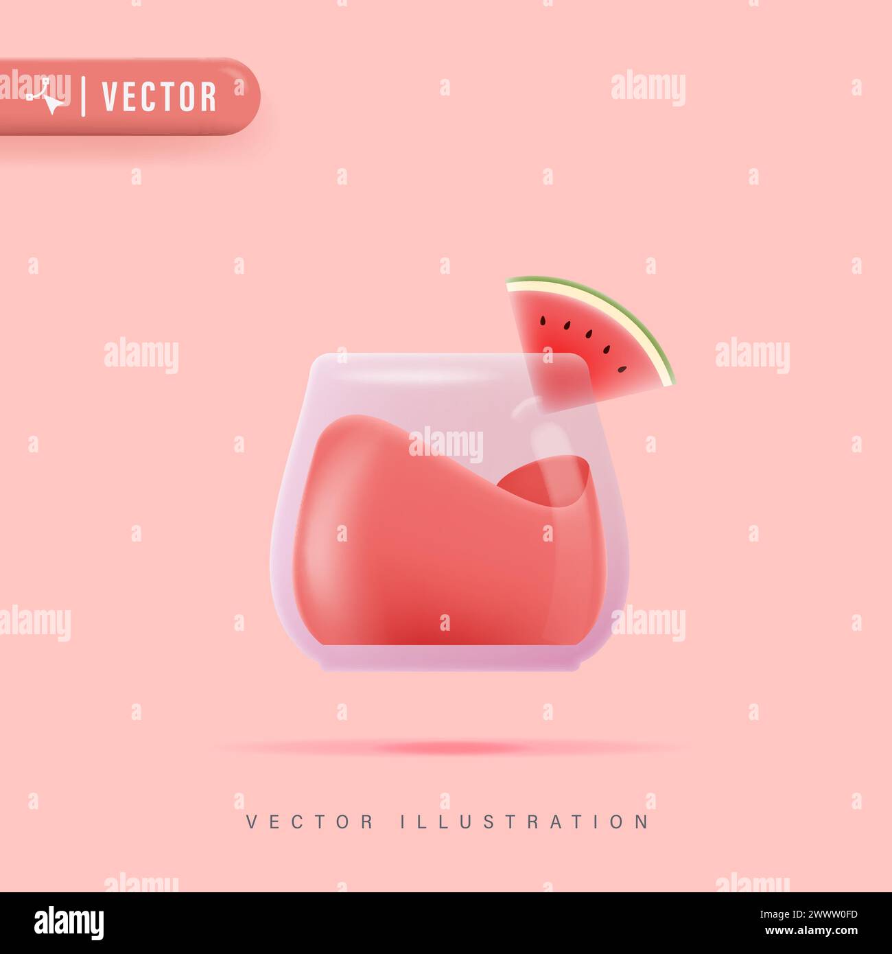 3D Realistic Watermelon Juice in Small Transparent Glass.Vector illustration of Beverage Watermelon Cocktail Stock Vector