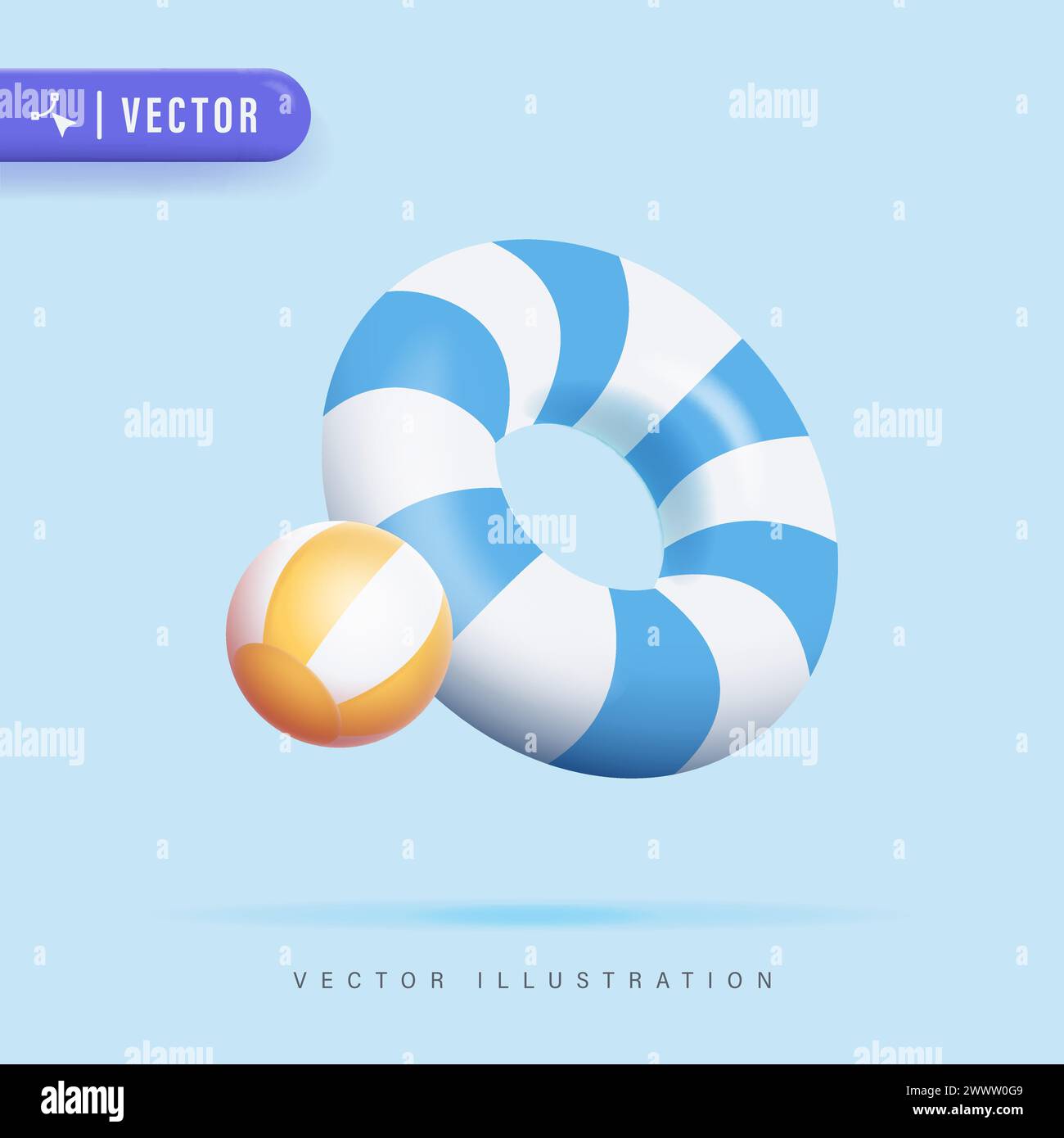 3D Realistic Stripes Lifebuoy and Beach Ball Vector Illustration. Lifebuoy Icon in Isolated Background. Swimming ring Stock Vector