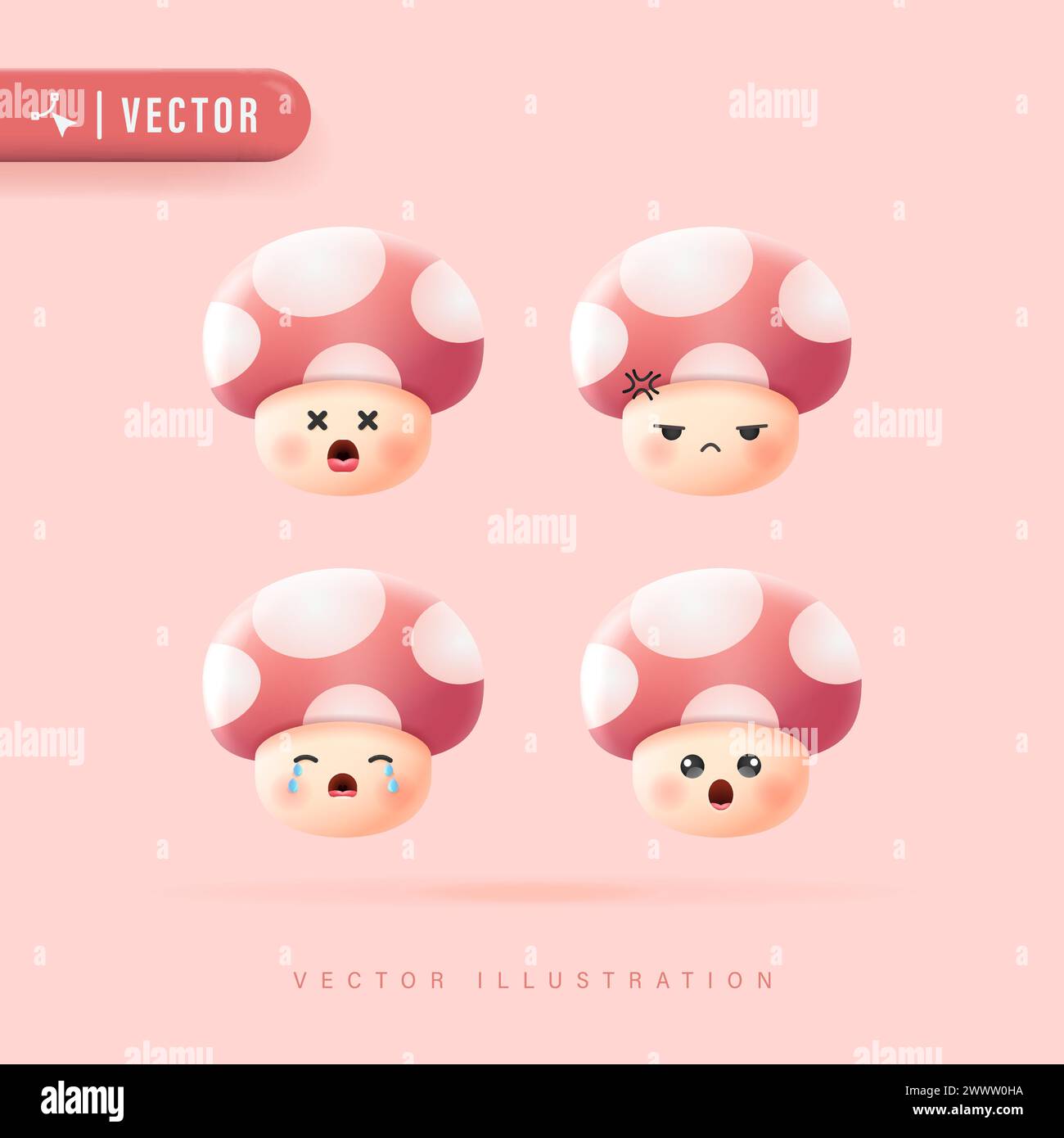 Emoji Set with Various Facial Expression Cute Mushroom Face Vector Illustration. Mushroom Head with Red Polkadot Pattern. 3D Realistic Cute Mushroom C Stock Vector