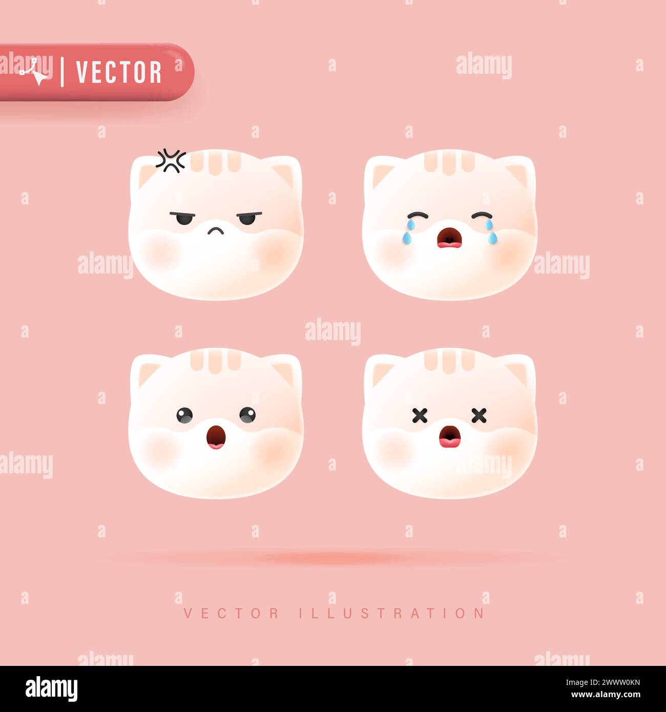 3D Realistic Vector Set Of Cute Cartoon Cat Icons with Various Facial Expression Isolated in Peach Background. Simple and Minimal Kitty Face Icon Set Stock Vector