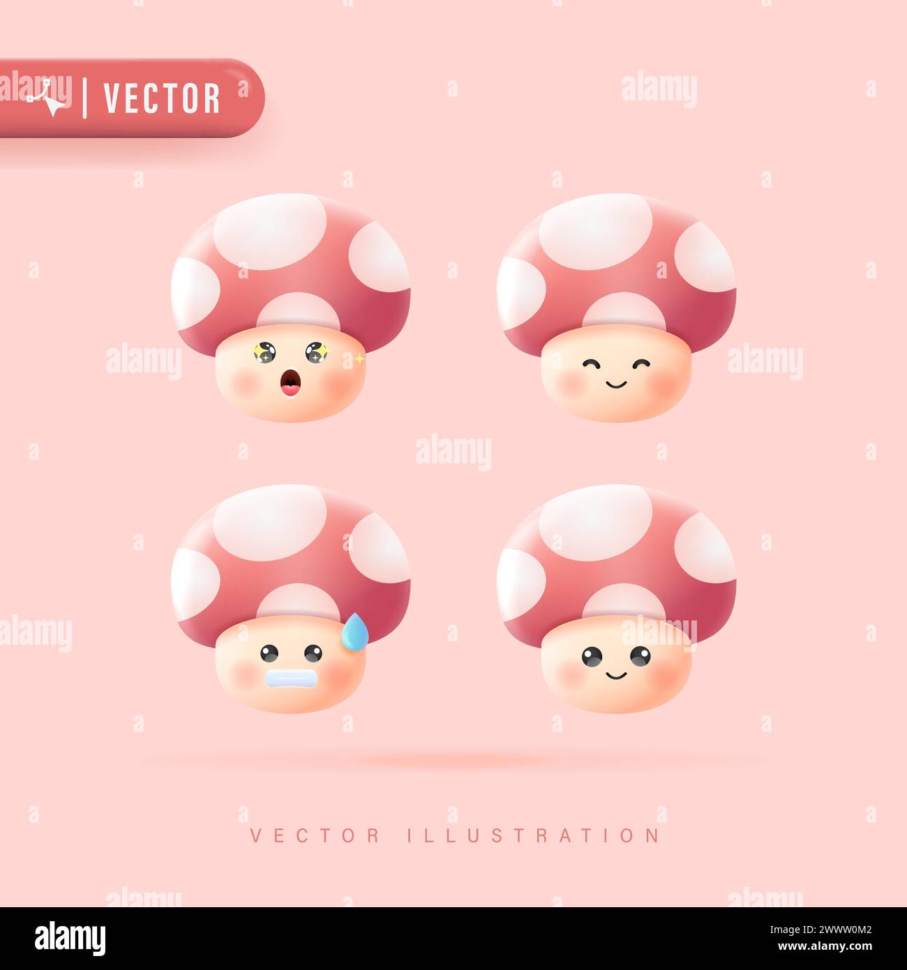 Emoji Set with Various Facial Expression Cute Mushroom Face Vector Illustration. Mushroom Head with Red Polkadot Pattern. 3D Realistic Cute Mushroom C Stock Vector