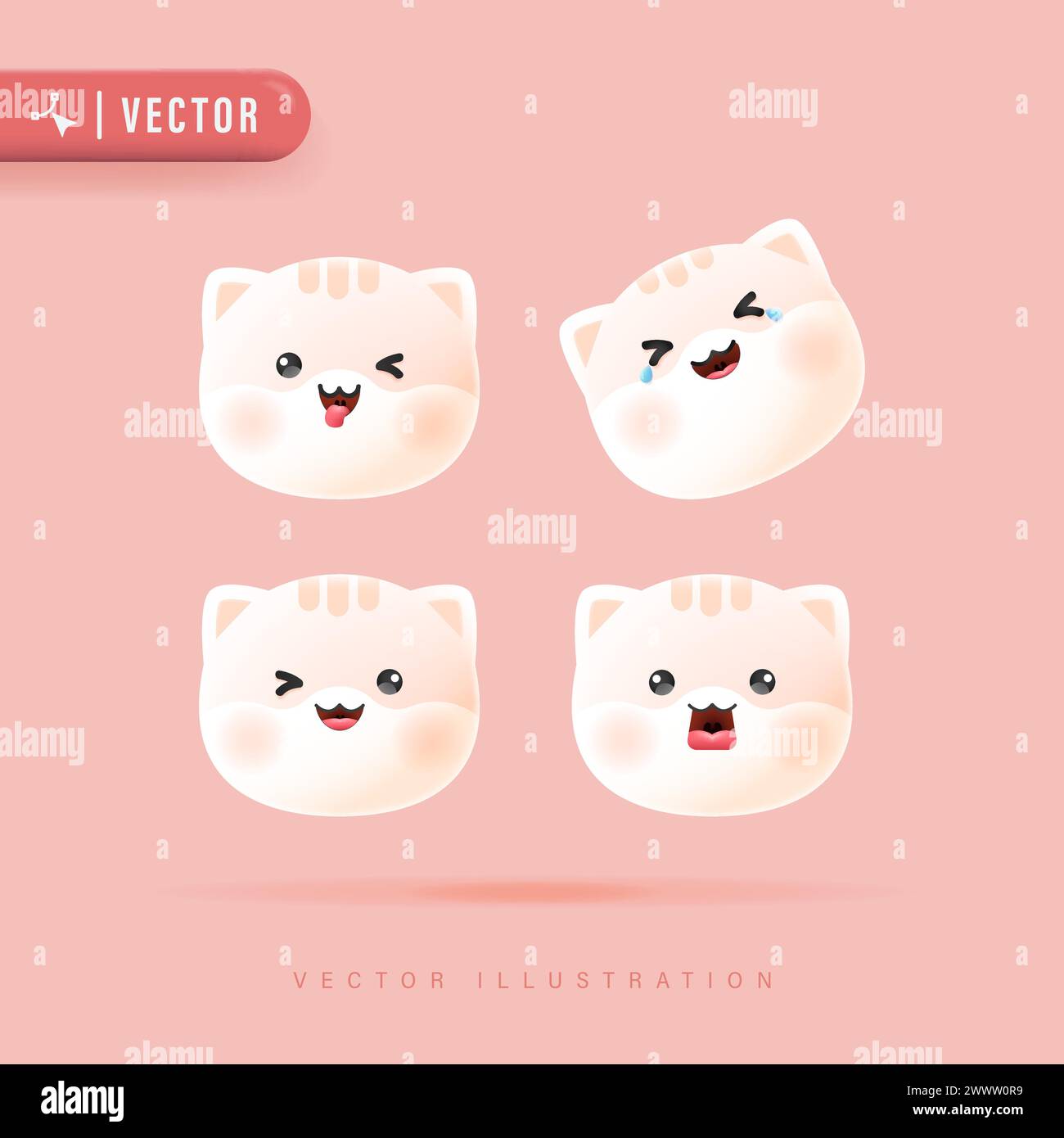 3D Realistic Vector Set Of Cute Cartoon Cat Icons with Various Facial Expression Isolated in Peach Background. Simple and Minimal Kitty Face Icon Set Stock Vector