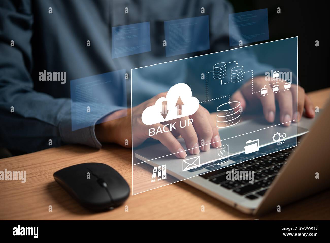 Businessman Interacting with a Backup Interface virtual cloud network data security system internet online with futuristic holographic digital technol Stock Photo