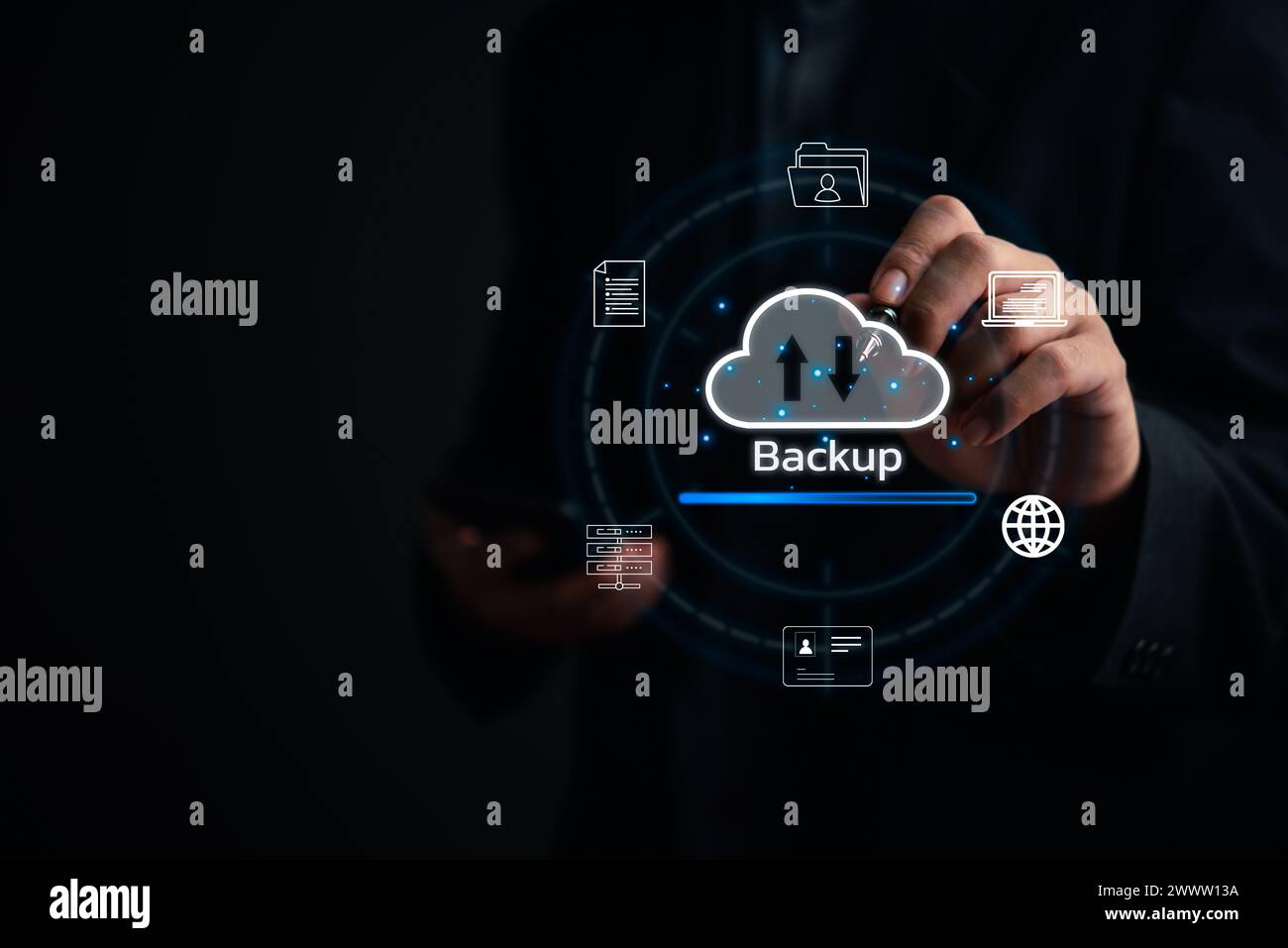Businessman Interacting with a Backup Interface virtual cloud network data security system internet online with futuristic holographic digital technol Stock Photo