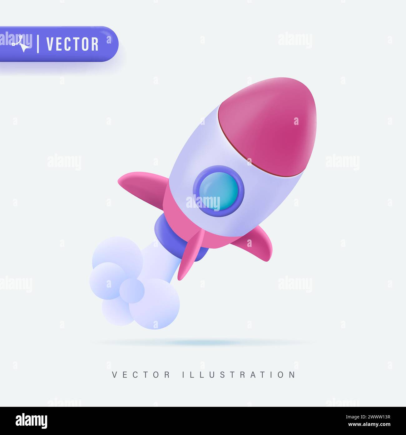 Flying space rocket 3d Realistic. Spaceship launch. Rocket 3d icon, logo or symbol. Logo ship. Vector illustration. Rocket flying over cloud,Rocket la Stock Vector