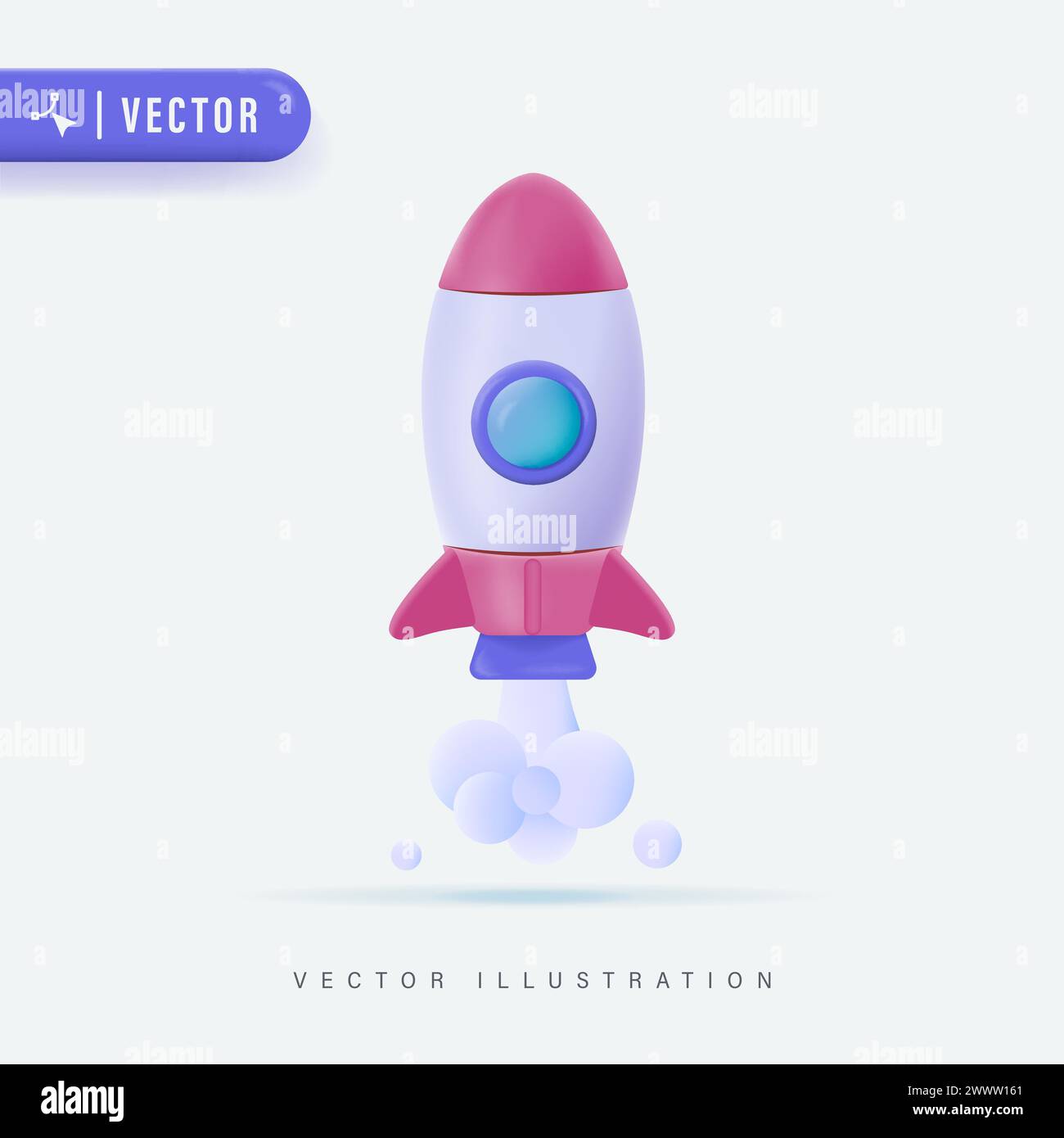 Flying space rocket 3d Realistic. Spaceship launch. Rocket 3d icon, logo or symbol. Logo ship. Vector illustration. Rocket flying over cloud,Rocket la Stock Vector