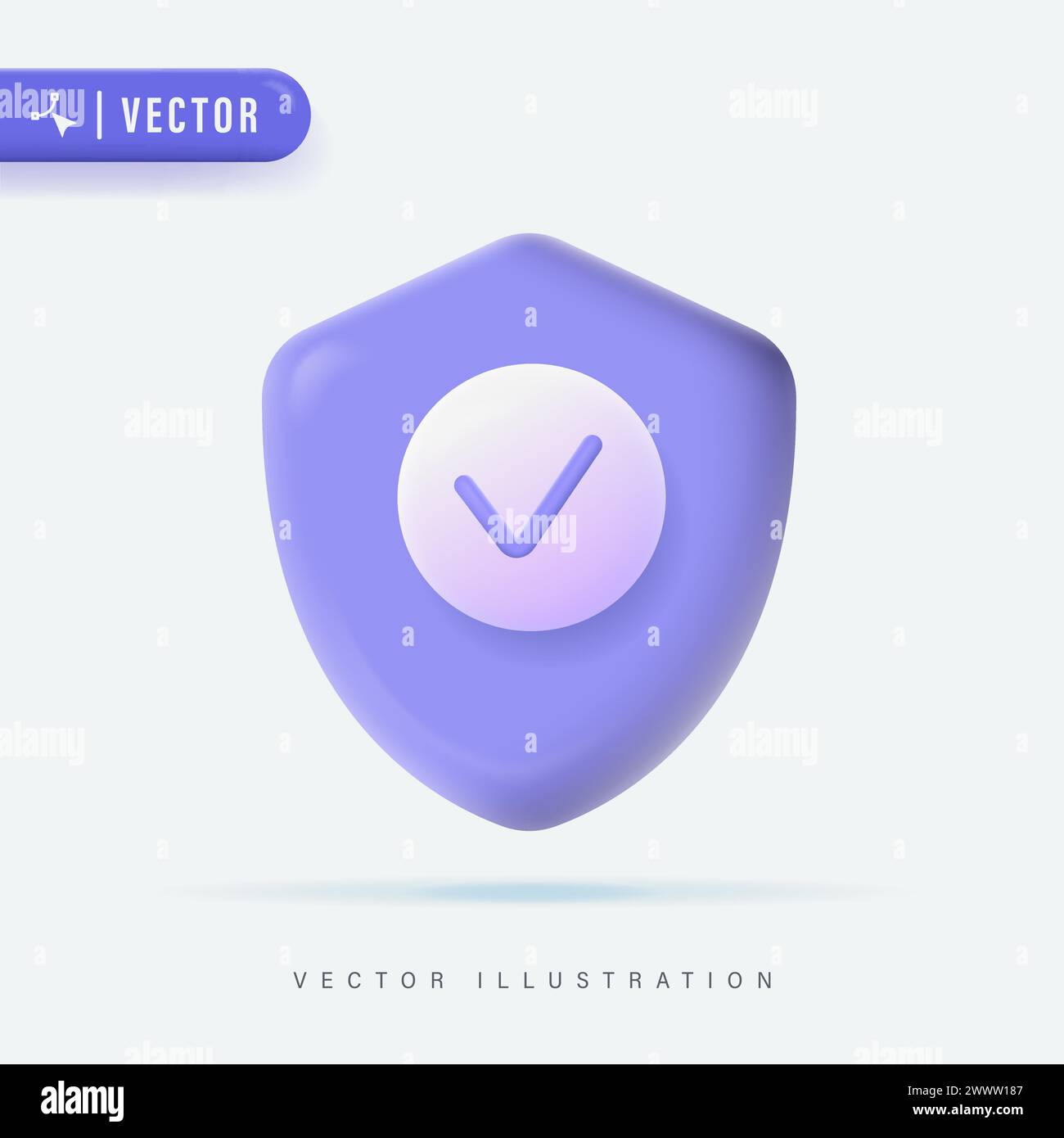 3D Realistic Purple Shield Check Mark Logo Icon Design Template, Vector Illustration. Secured, Protection Vector Icon. Security, Guaranteed Logo. Stock Vector