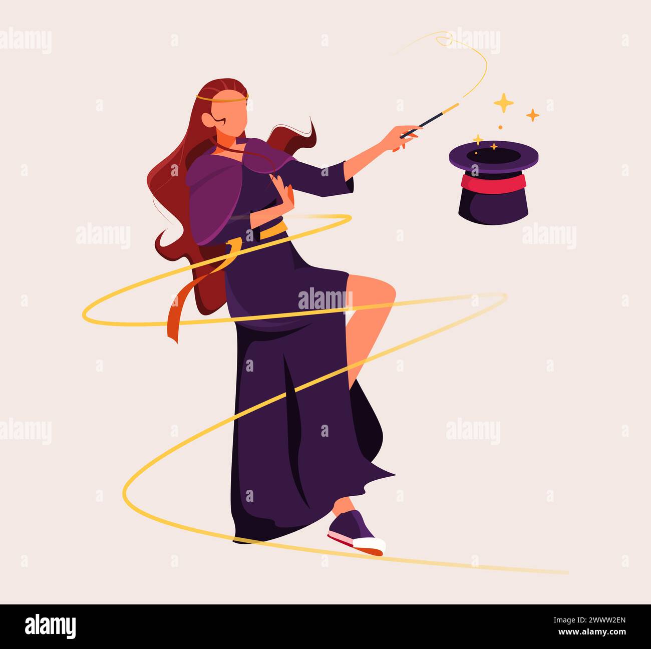 Female Magician Playing With Hat Vector Illustration, Woman Witch Wearing Purple Suit Robe Flat Design Stock Vector