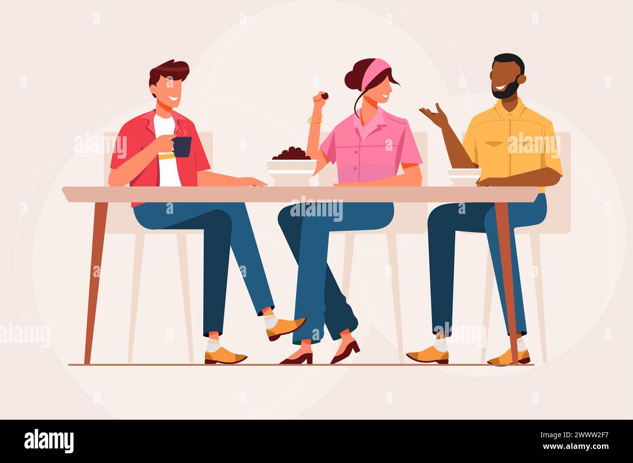 Young People Sitting Together and Eating Stock Vector