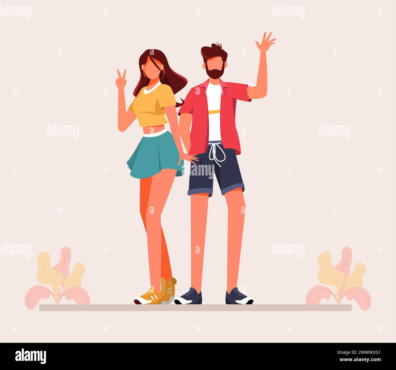 Male and Female Standing with Welcome Poses and Gesture Vector ...