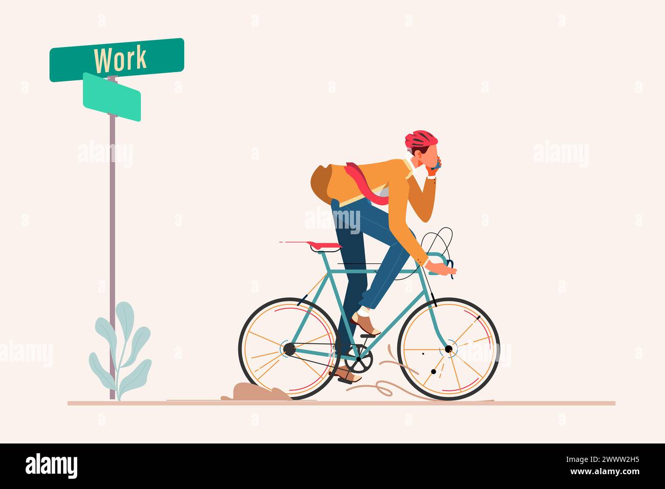 Bussinesman Riding Bycicle to Work Flat Design Concept, A Man Ride Bycicle to Work Vector Illustration, Ecological Transport, Urban Life Stock Vector