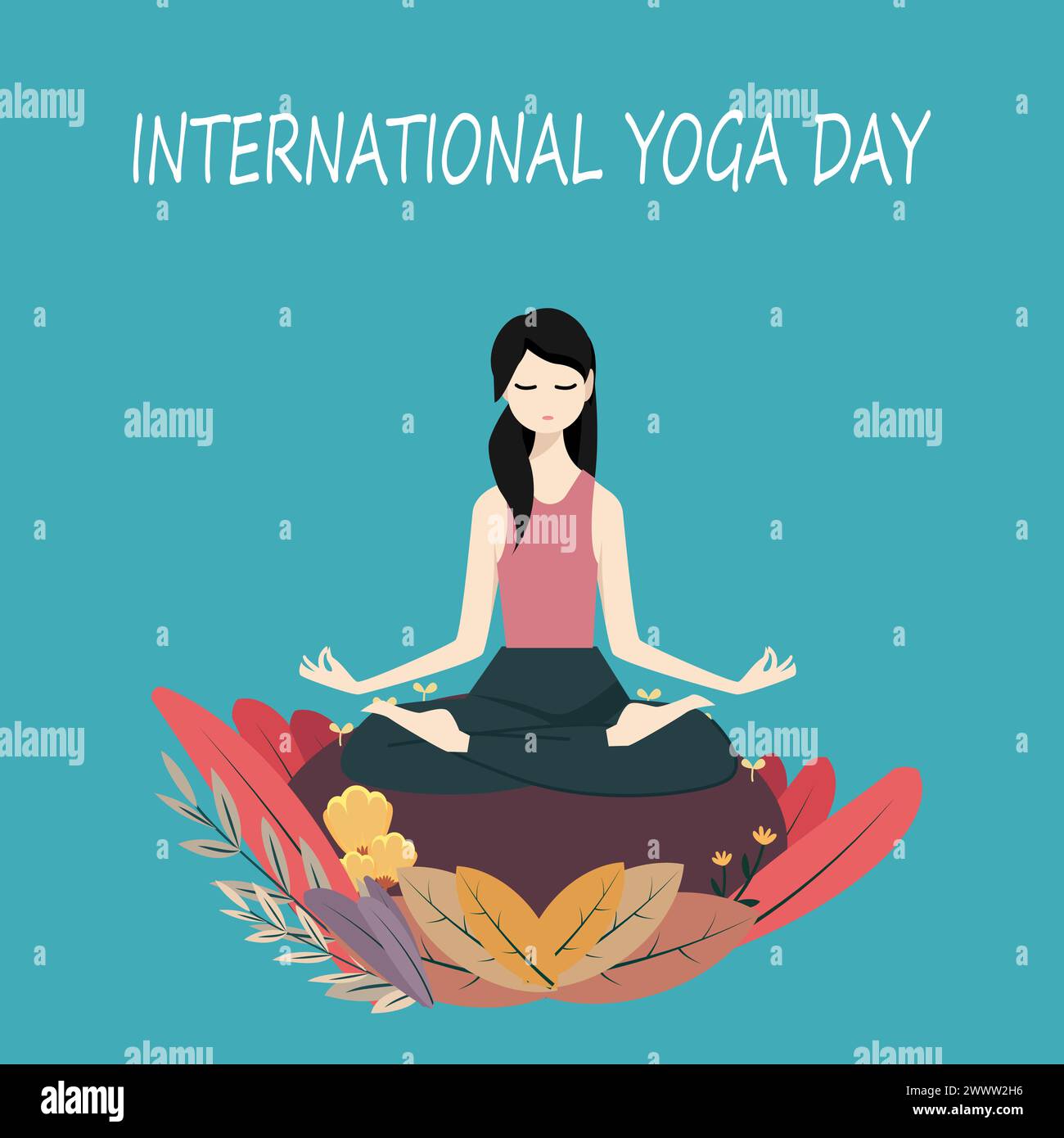 Woman Practicing Yoga character Vector Illustration, Flat And Minimalis Design, international yoga day poster vector banner, women meditate and refres Stock Vector