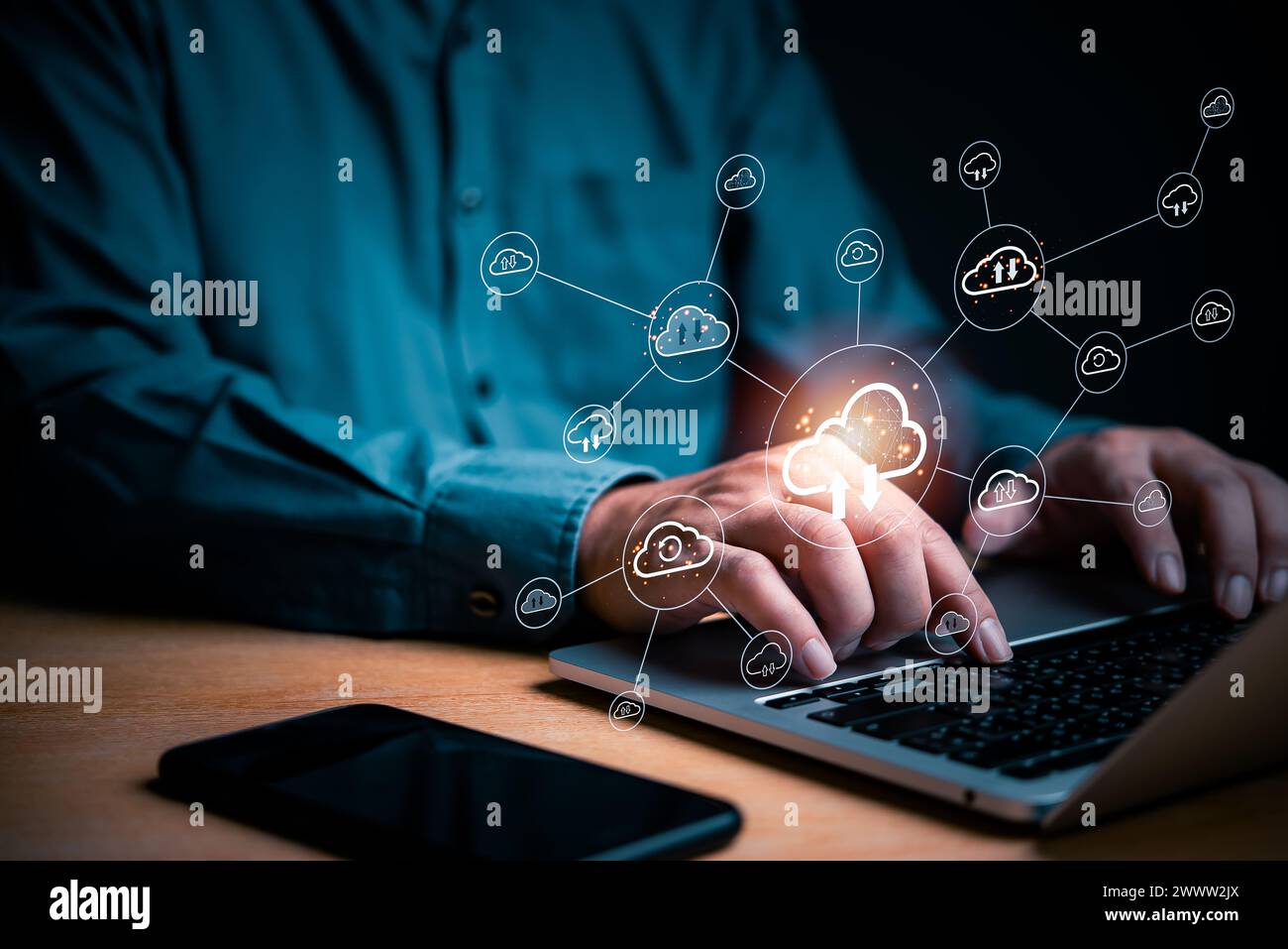 cloud backup storage, data safety digital database protect file transfer network cybersecurity technology internet online computer laptop with busines Stock Photo