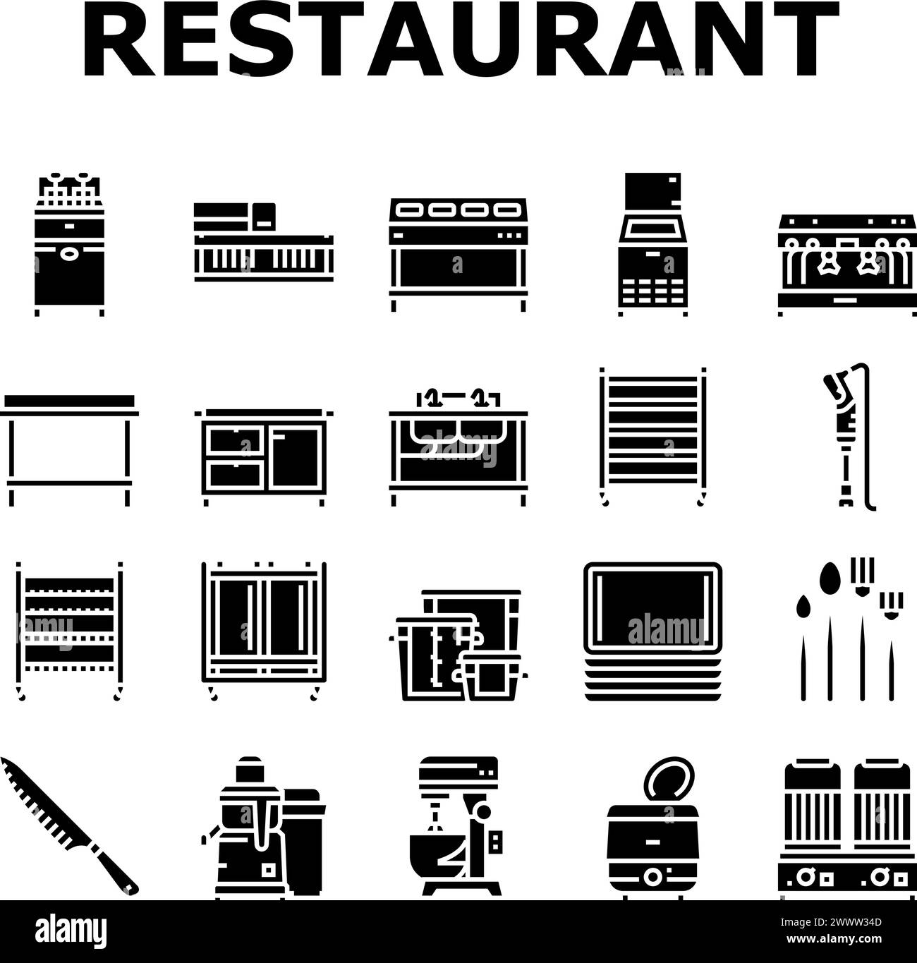 restaurant equipment kitchen cafe icons set vector Stock Vector Image