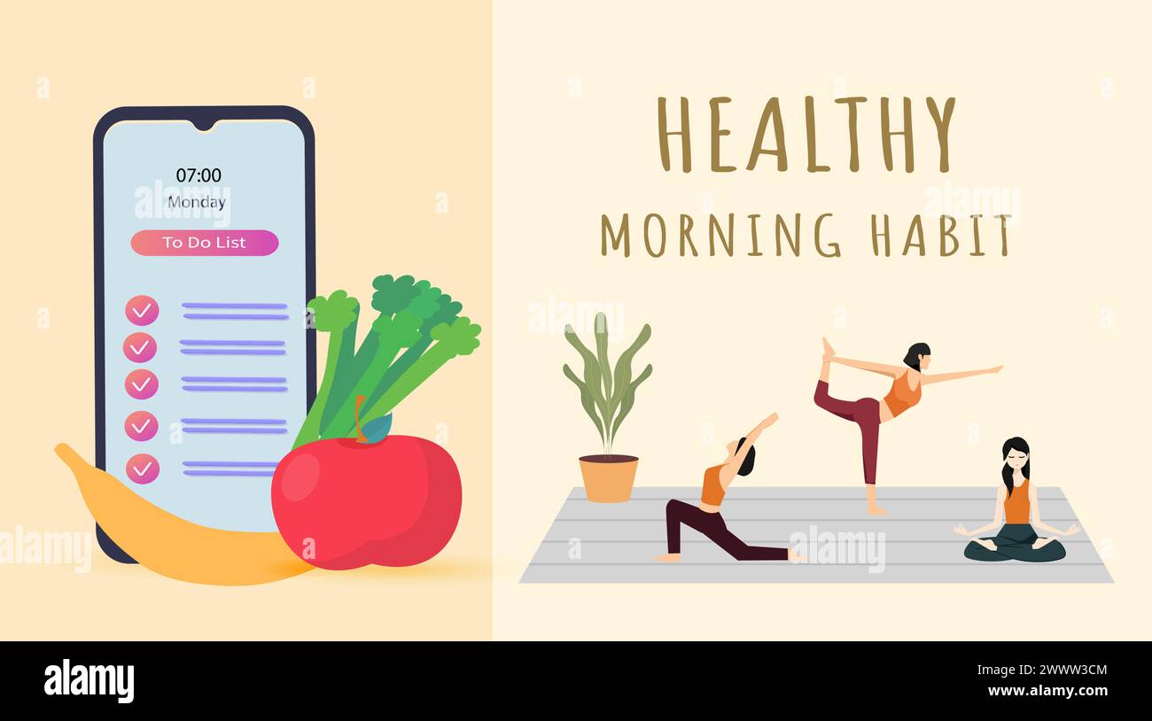 Morning Habit Concept with Female Doing Yoga and To Do List Vector Illustration. Morning Routine Template Design. Sport, activity and health concept b Stock Vector