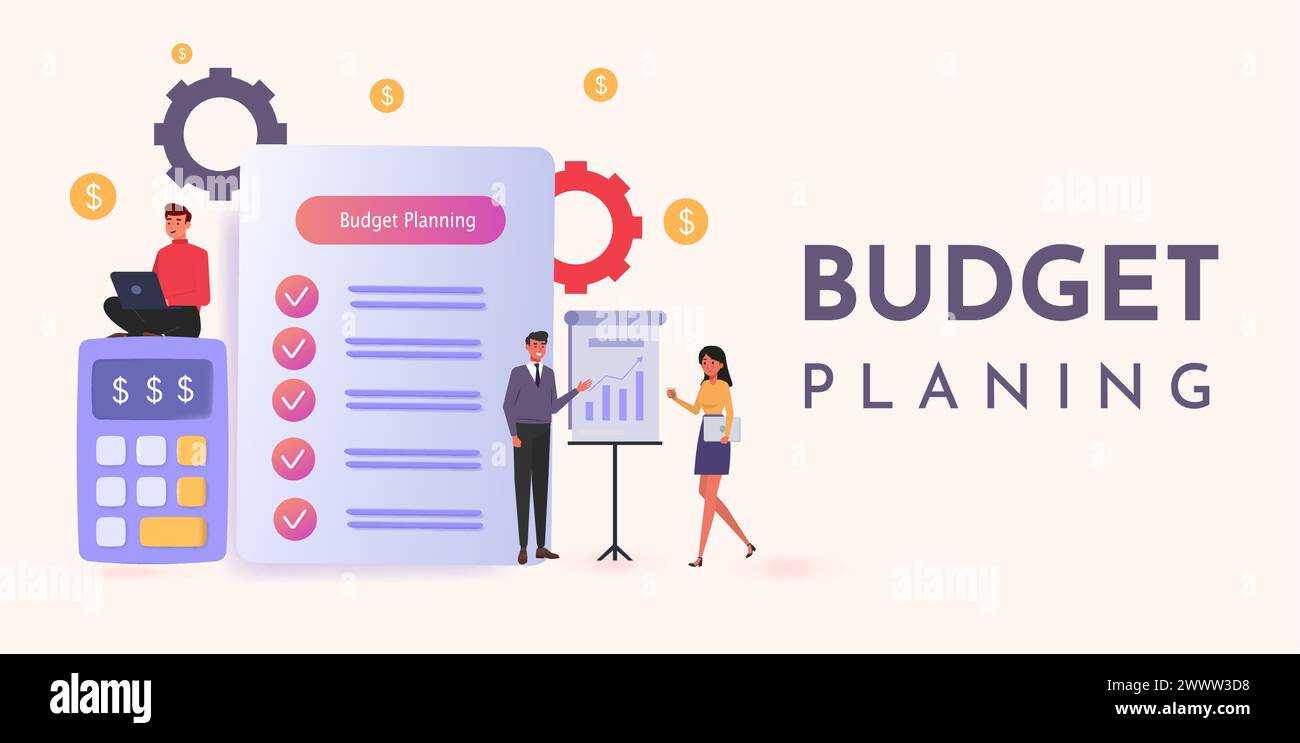 Budget Planning Concept with Male Office Worker Presentating with Boss Vector Illustration.Financial Planning Design Template with Calculator. Modern Stock Vector