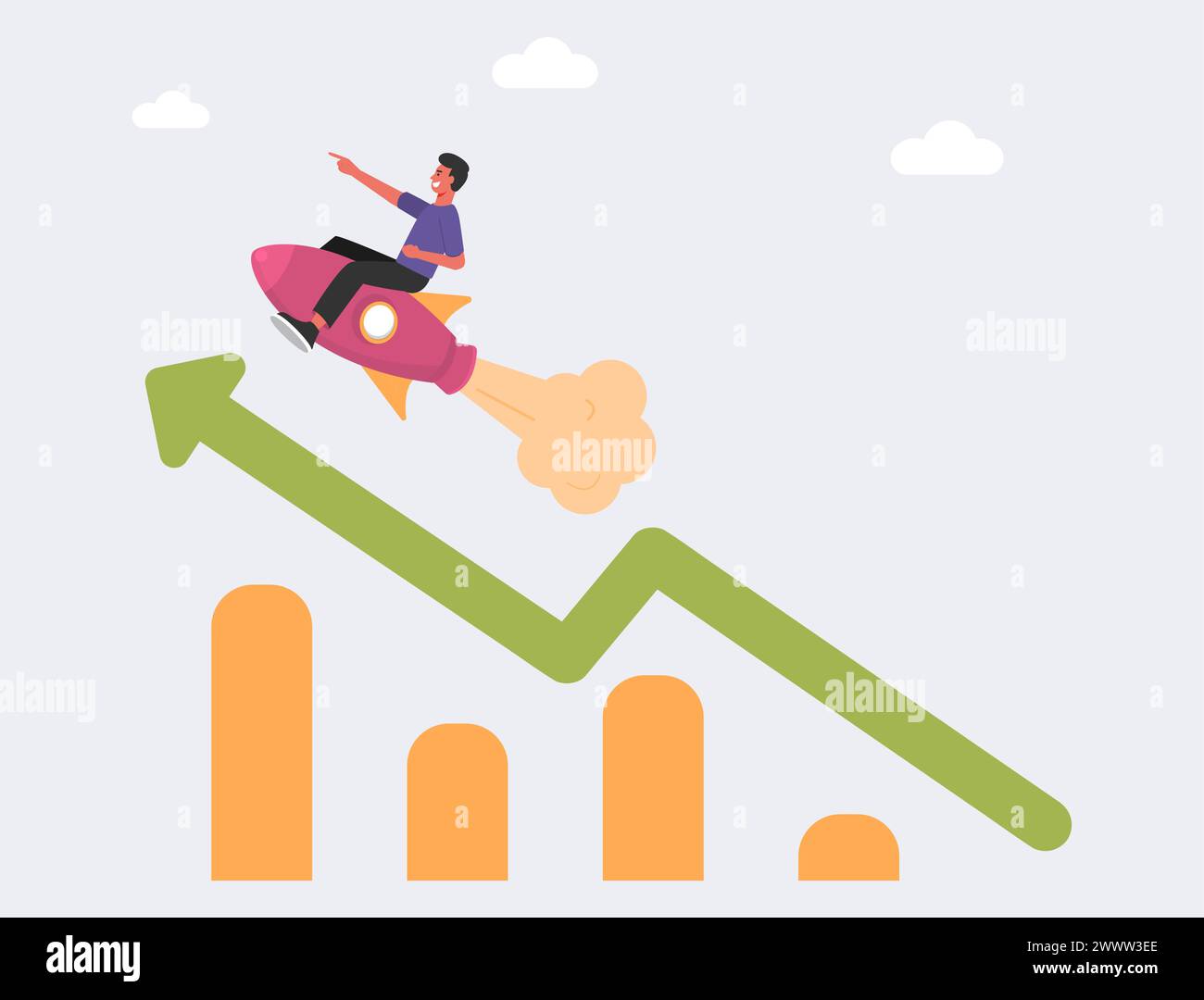Vector illustration, people riding rocket to their goal on the column of columns, move up motivation, the path to the target's achievement,prepare a b Stock Vector