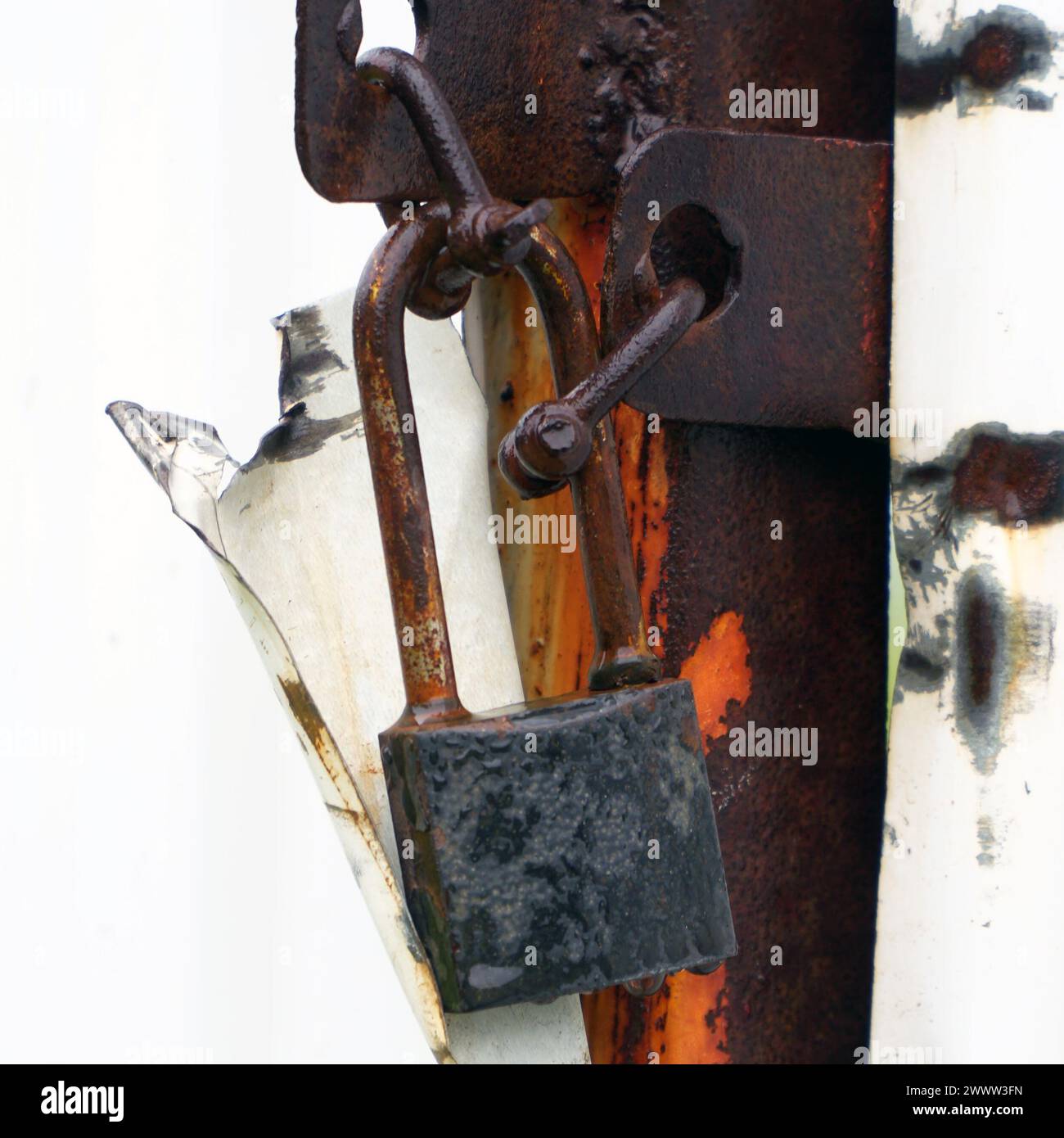 Old closed padlock hanging on the hinges Stock Photo
