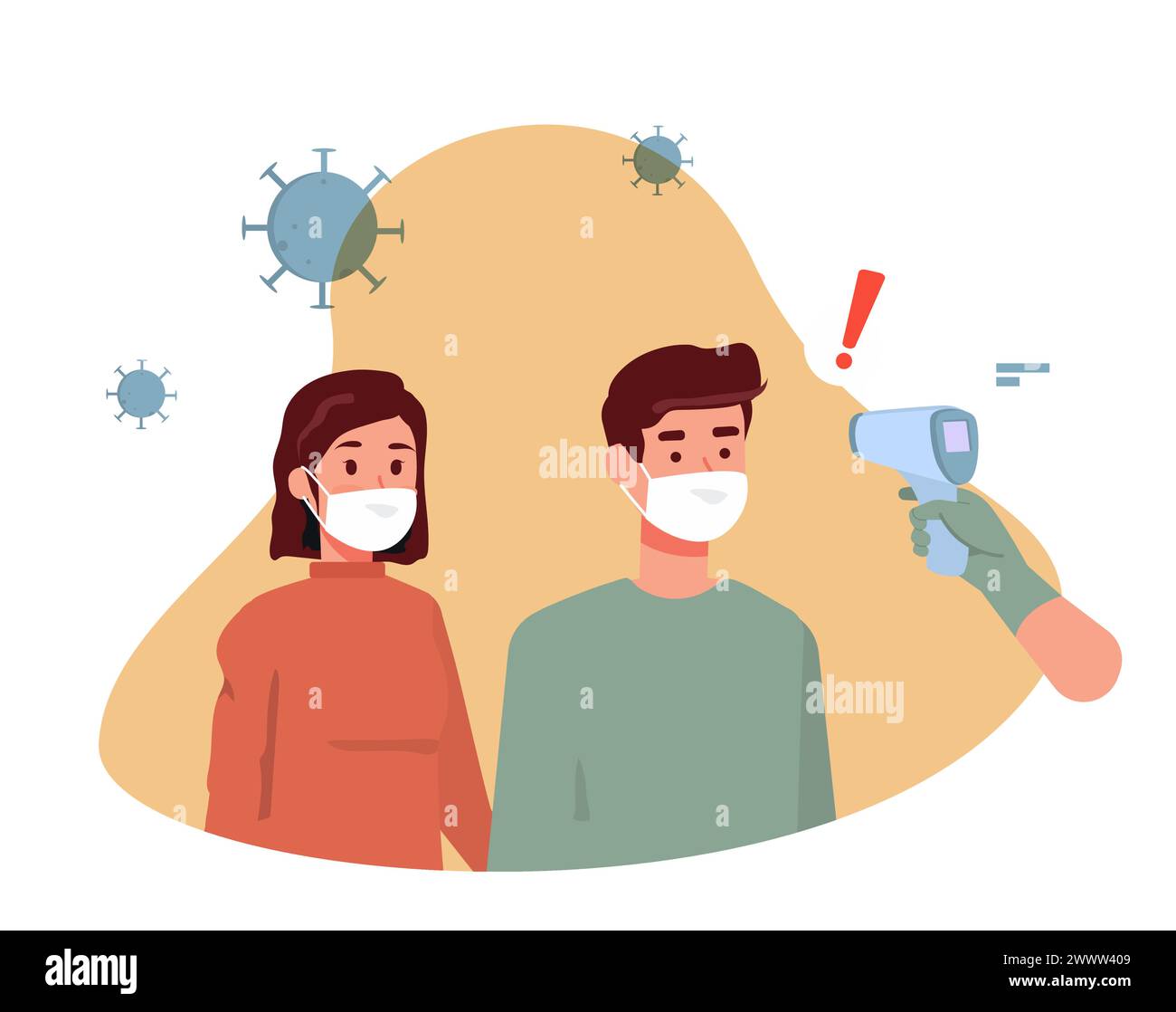 Checked Body Temperature With Infrared Termometer, A man holding an infrared thermometer to measure temperature, new normal, wearing mask and checking Stock Vector