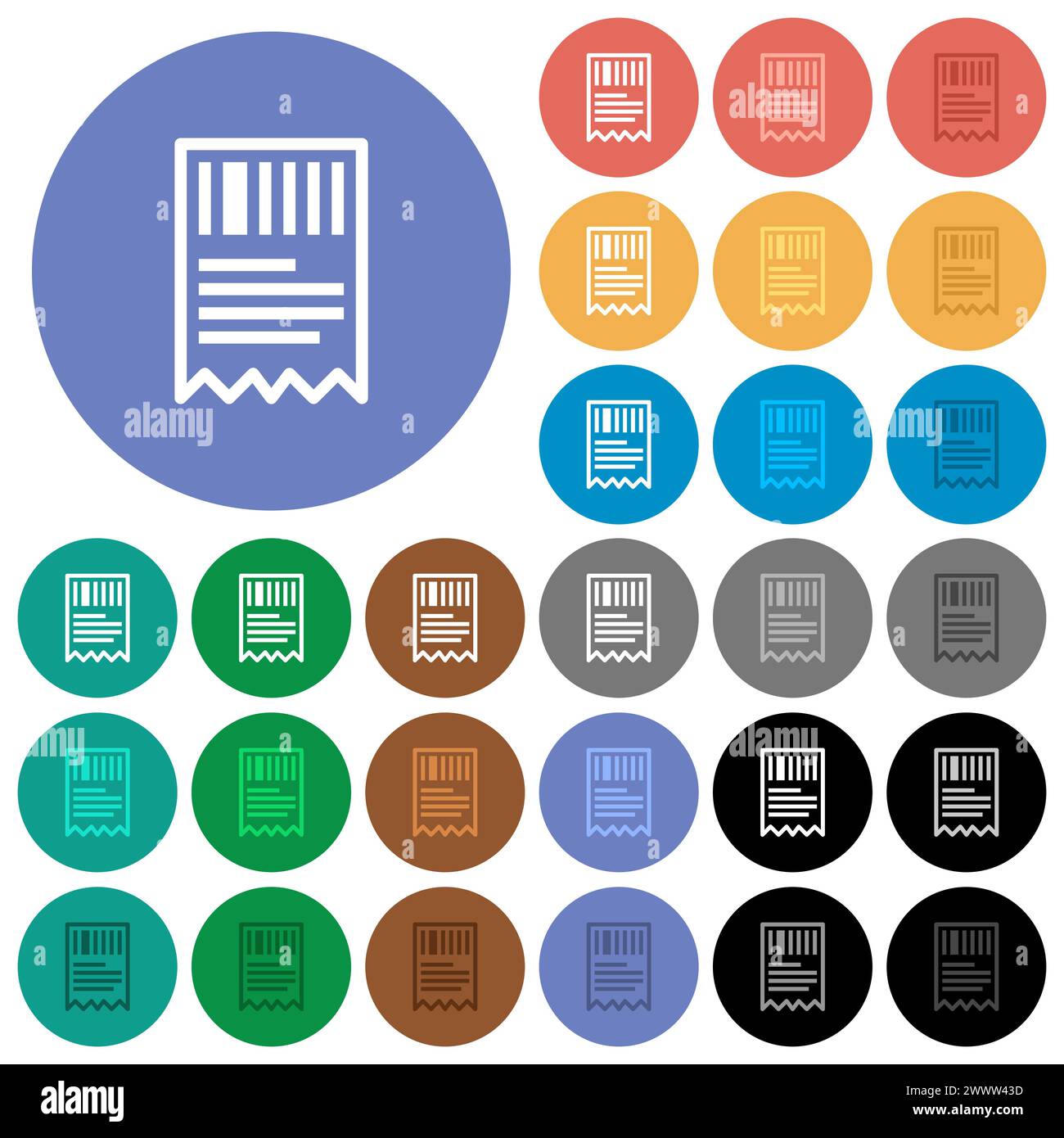 One receipt with barcode outline multi colored flat icons on round backgrounds. Included white, light and dark icon variations for hover and active st Stock Vector