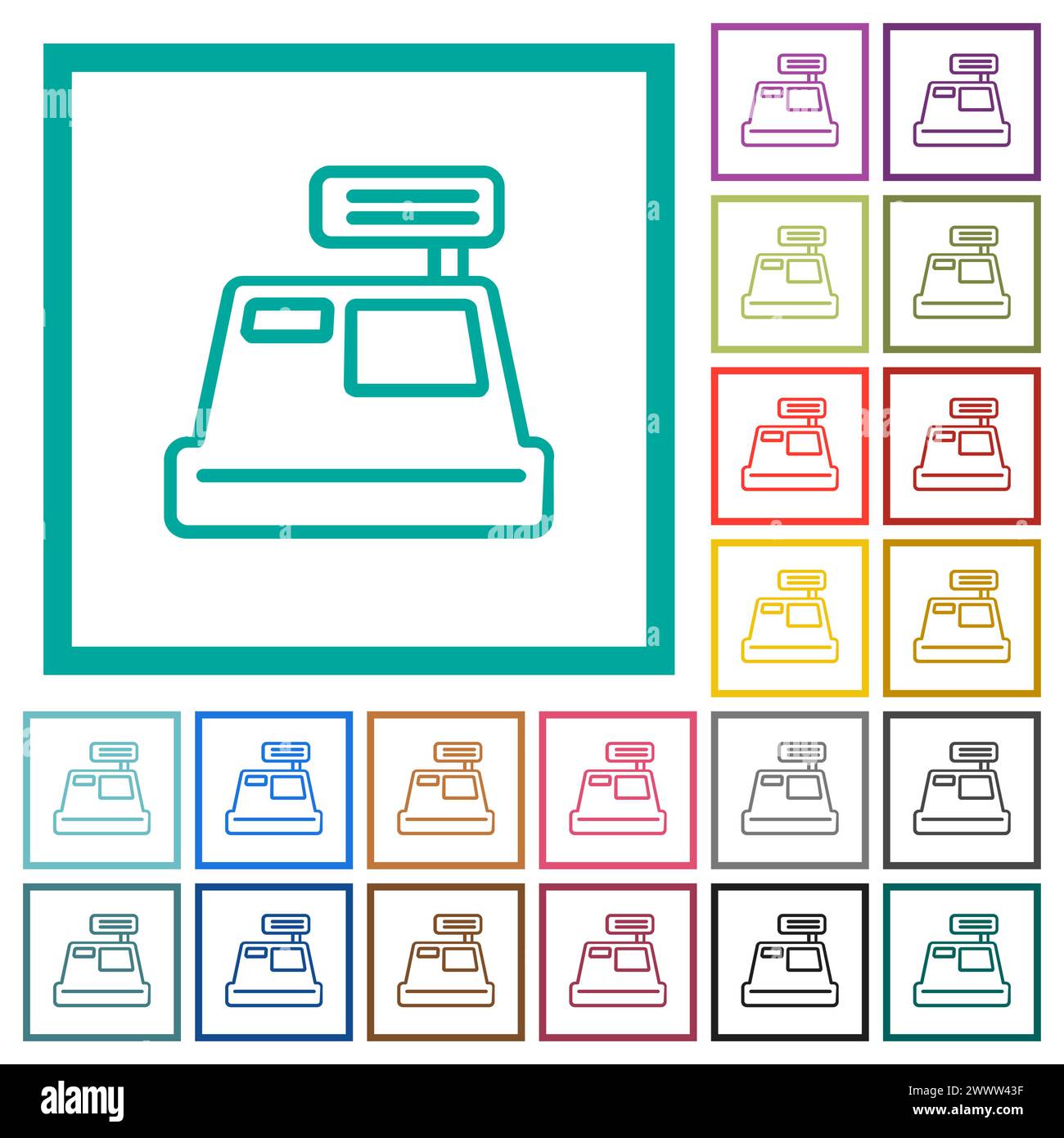 Cash register outline flat color icons with quadrant frames on white background Stock Vector
