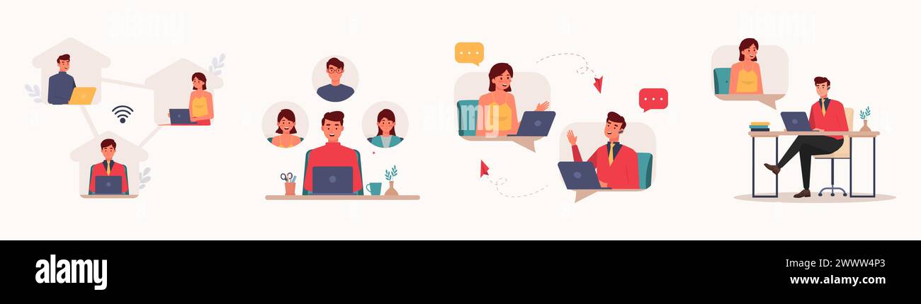 Work From Home Set Vector Illustration, Online Meeting Set Concept Flat ...