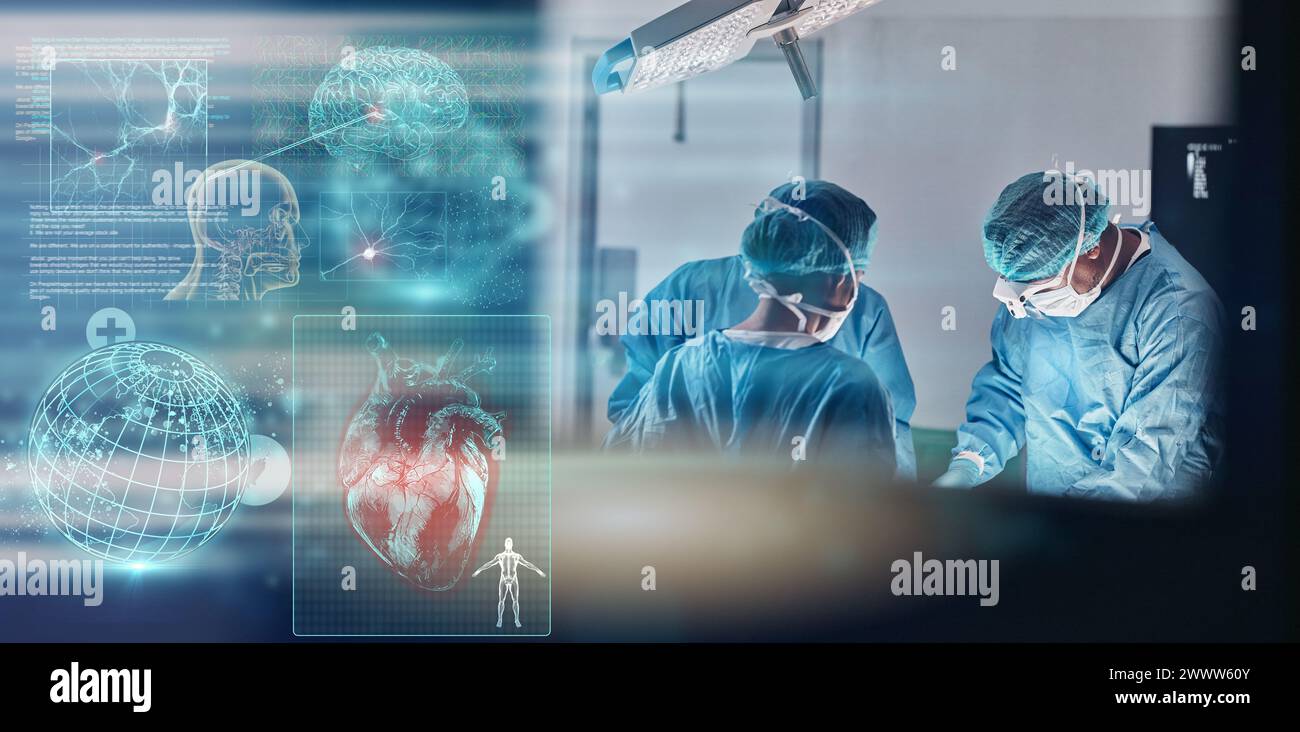 Doctors, hospital and surgery with global hologram of world in ...