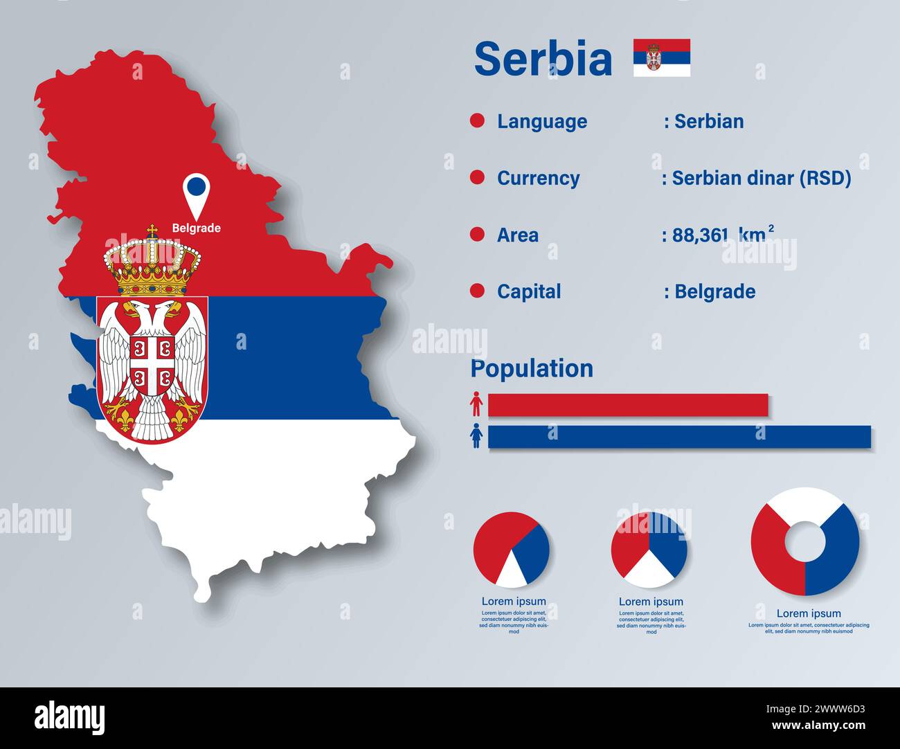 Serbia Infographic Vector Illustration, Serbia Statistical Data Element, Serbia Information Board With Flag Map, Serbia Map Flag Flat Design Stock Vector