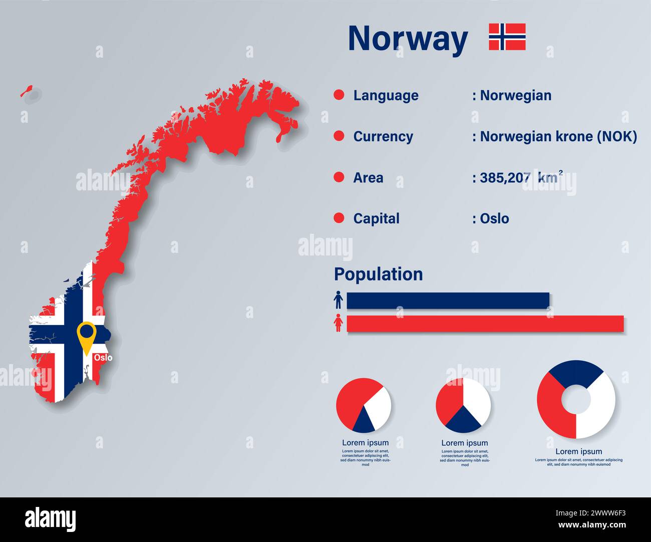Norway Infographic Vector Illustration, Norway Statistical Data Element, Norway Information Board With Flag Map, Norway Map Flag Flat Design Stock Vector