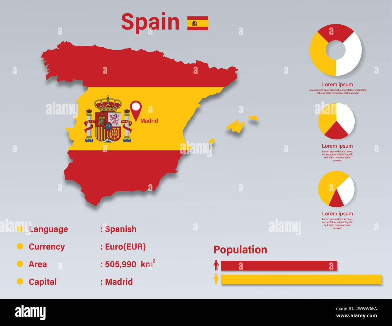 Spain Infographic Vector Illustration, Spain Statistical Data Element, Spain Information Board With Flag Map, Spain Map Flag Flat Design Stock Vector