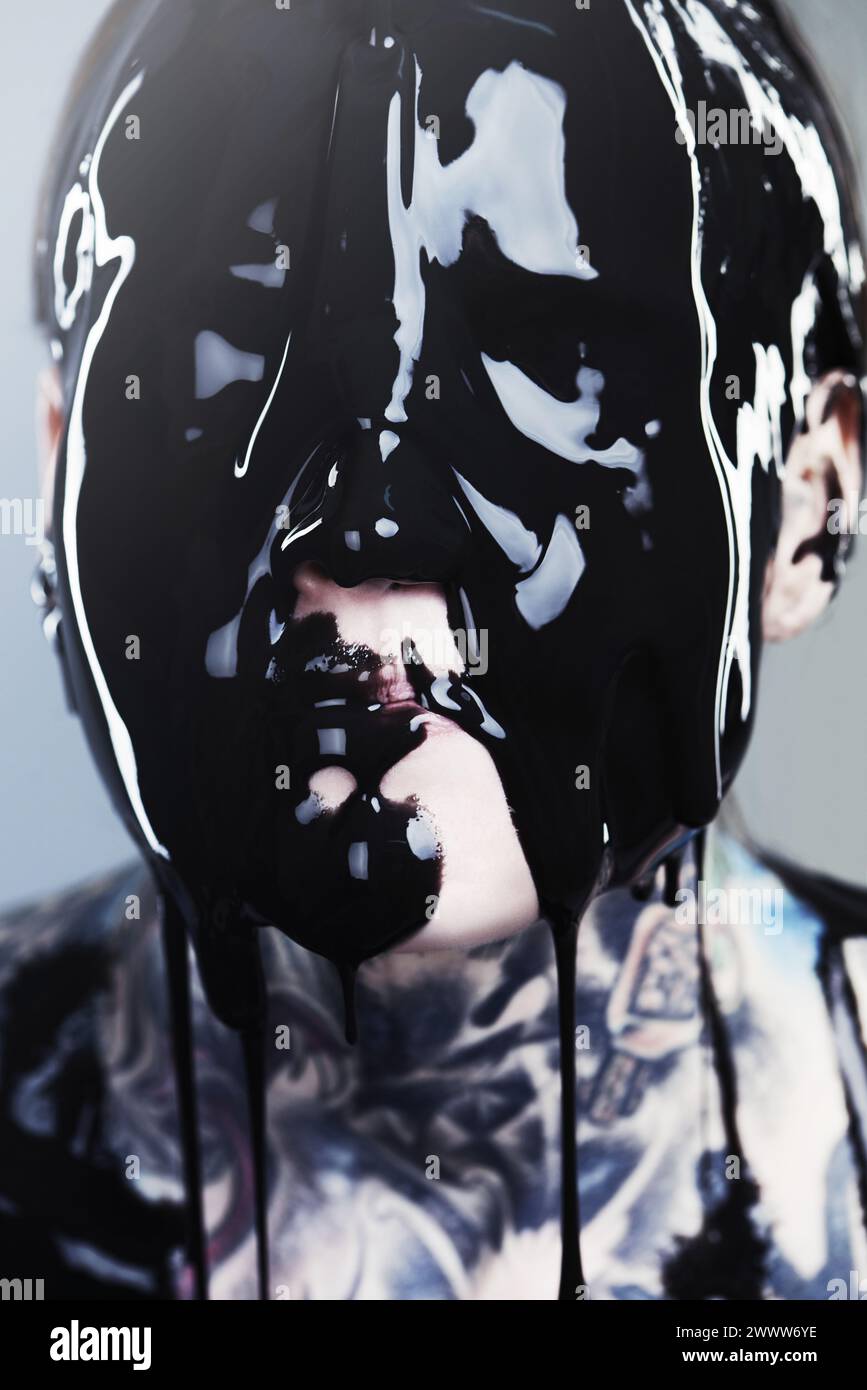 Abstract, ink and face with black liquid for horror, tattoo and punk ...