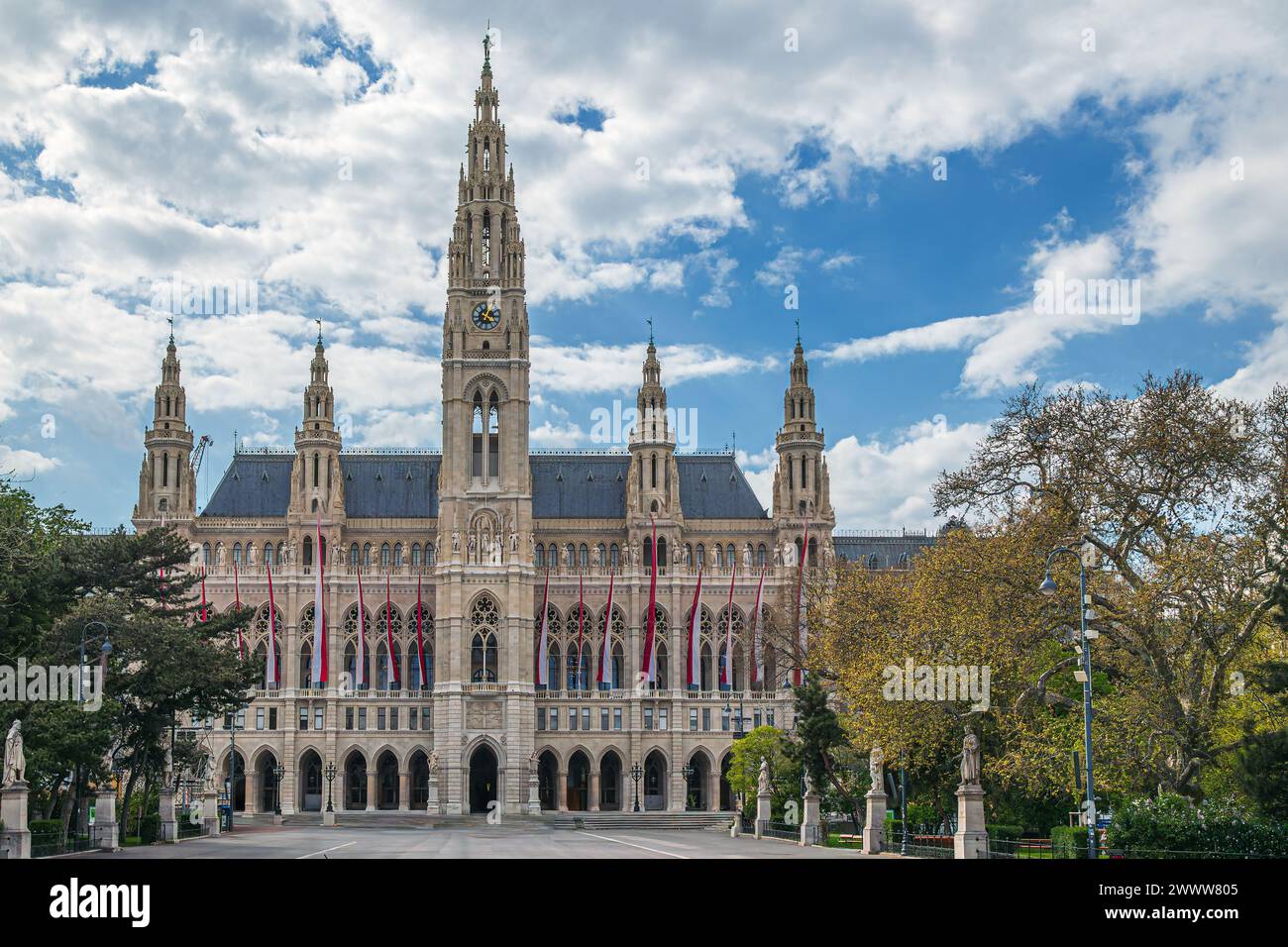 Vienna City Hall (German: Wiener Rathaus), the seat of local government of Vienna, Austria, located on the Rathausplatz in the Innere Stadt district. Stock Photo