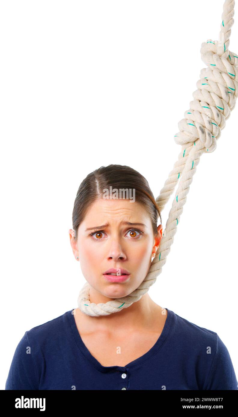 Woman, portrait and rope on neck in studio for struggle or trapped, crisis and helplessness with risk. Female person, noose and scared with fear for Stock Photo