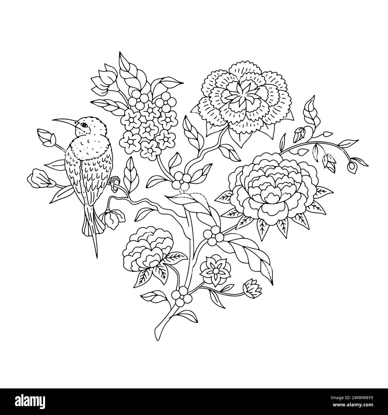 Monochrome floral chinoiserie bird anf lowers motifs isolated on white background Stock Vector