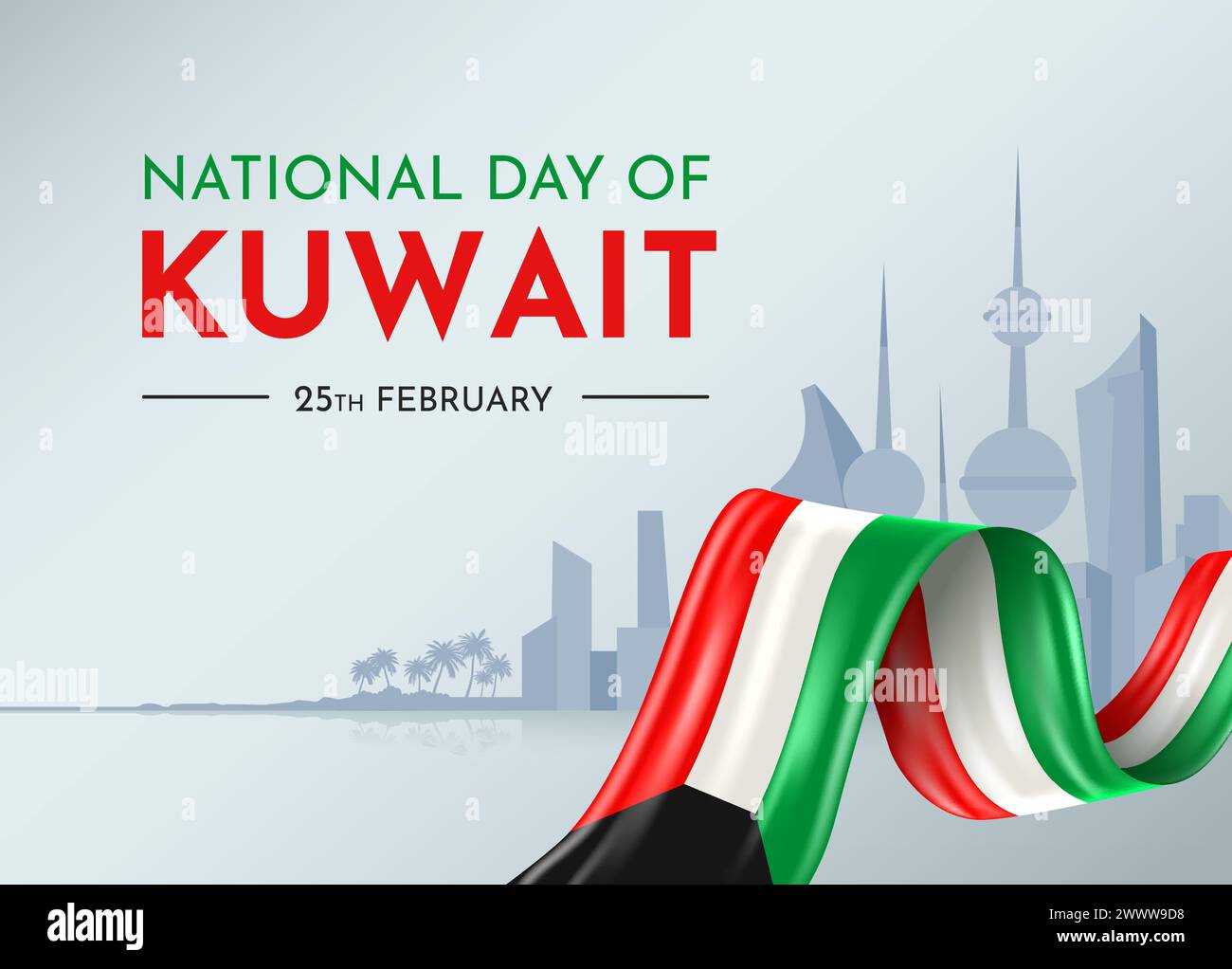 Kuwait Flag Rippon Kuwait National day with 3D ribbon flag. Bent waving 3D flag in colors ...